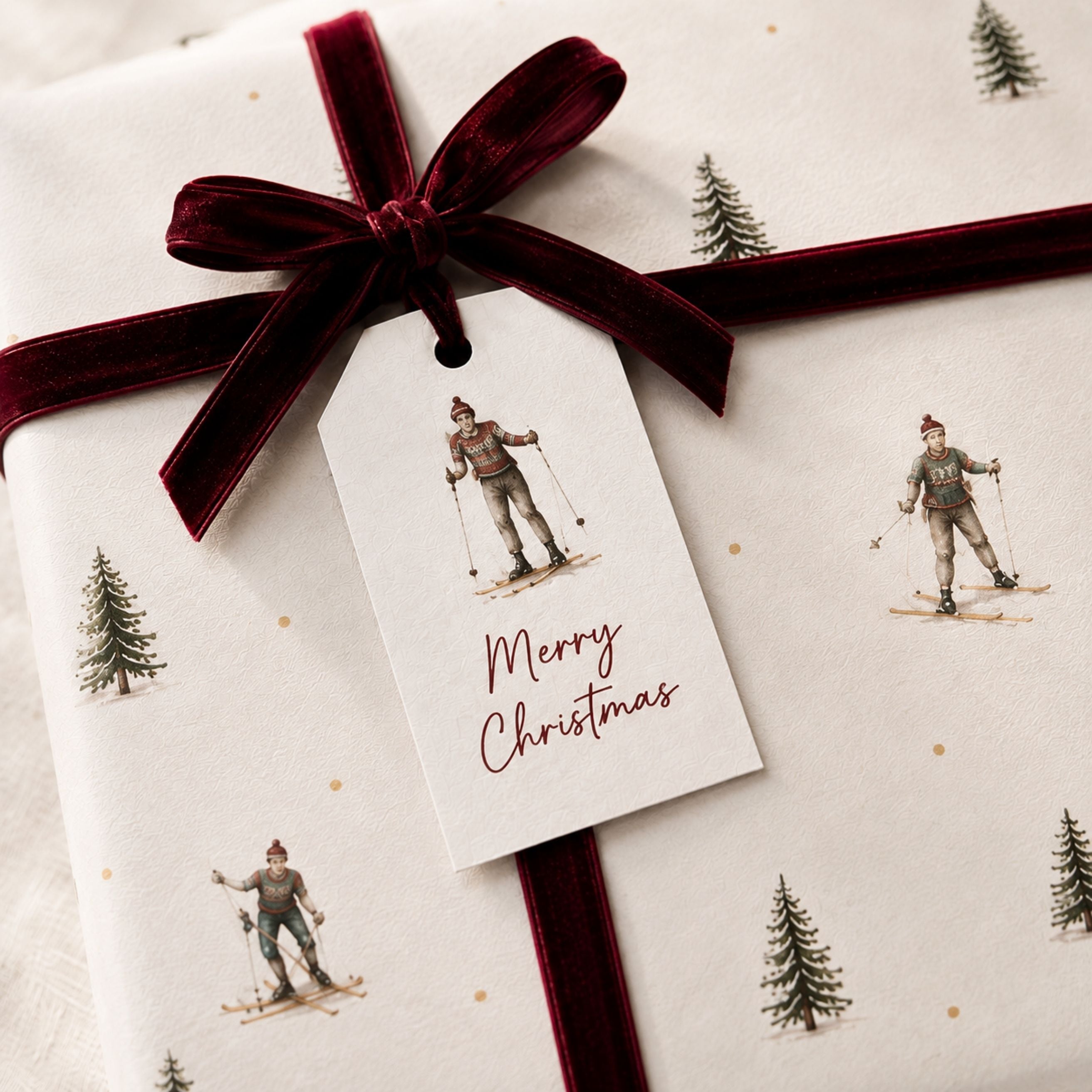 Vintage Ski Christmas Gift Wrapping Paper | Luxury 140gsm Gift Wrap with Matching Tags