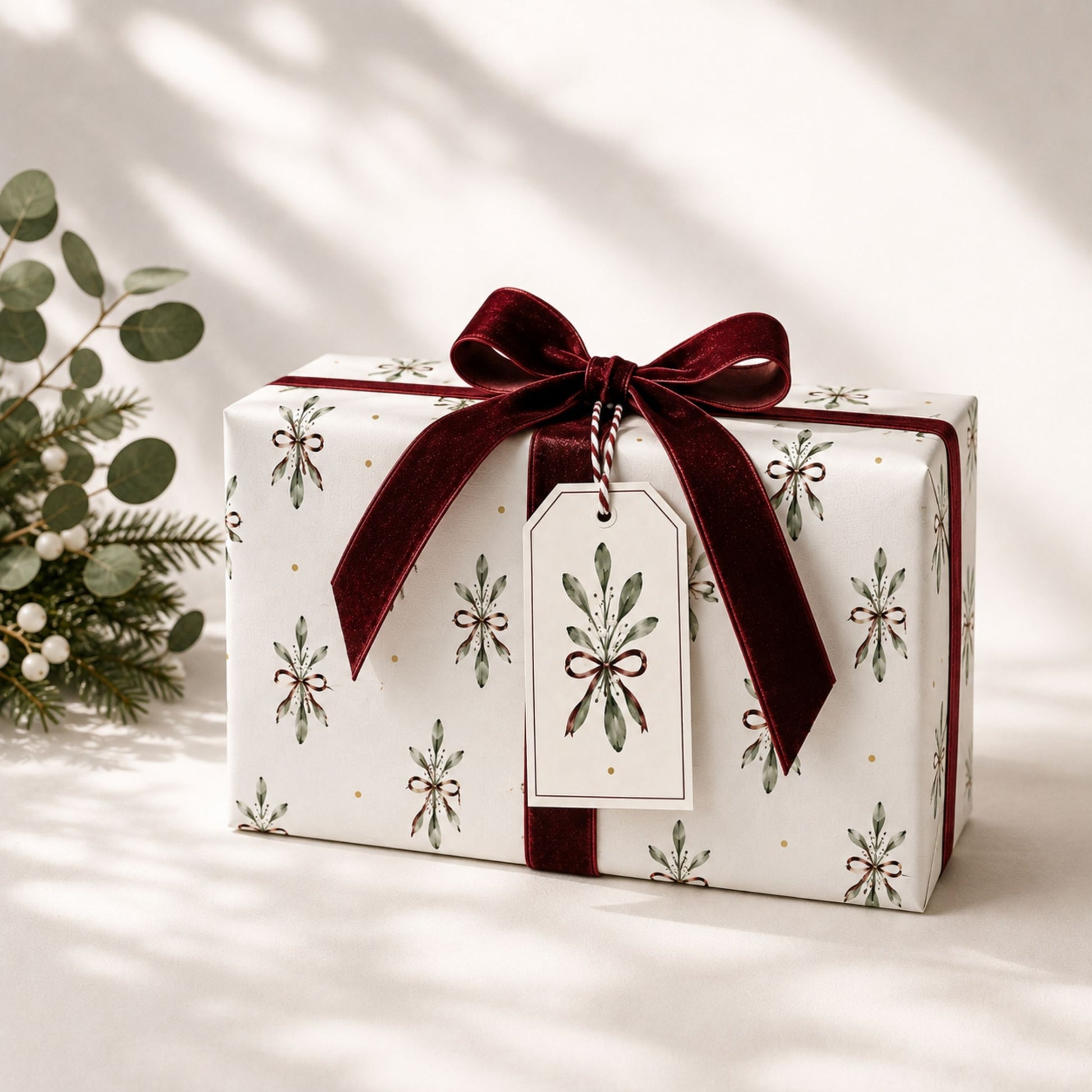 Elegant gift wrapped in mistletoe Christmas paper with burgundy bow and festive foliage