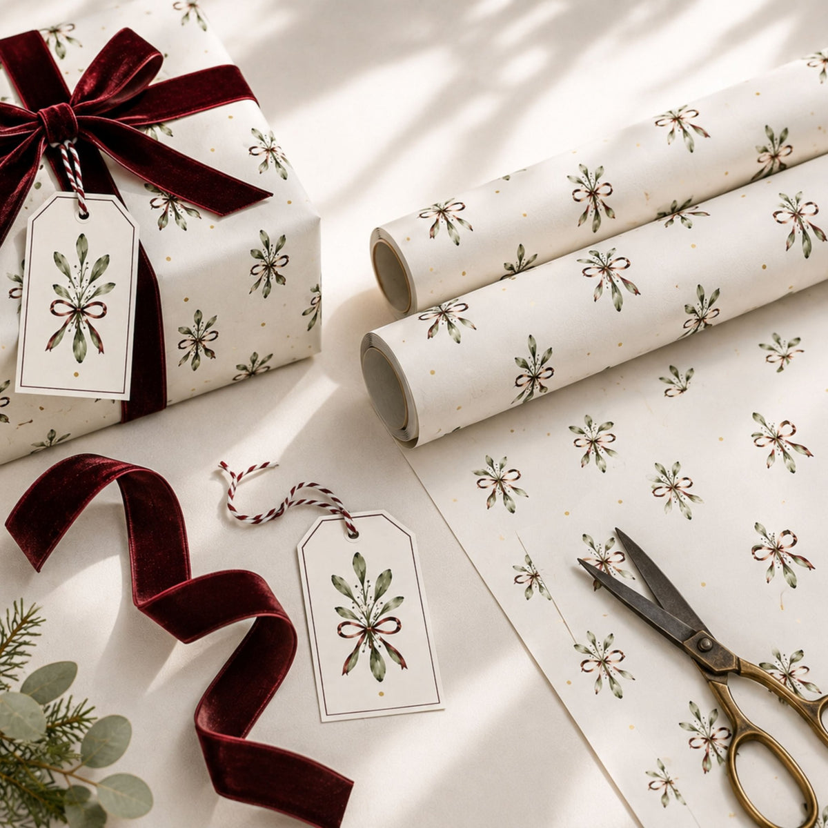 Mistletoe Christmas Wrapping Paper | Large 50 x 85cm Sheets | 140gsm | Matching Gift Tags - Mac and Lilly