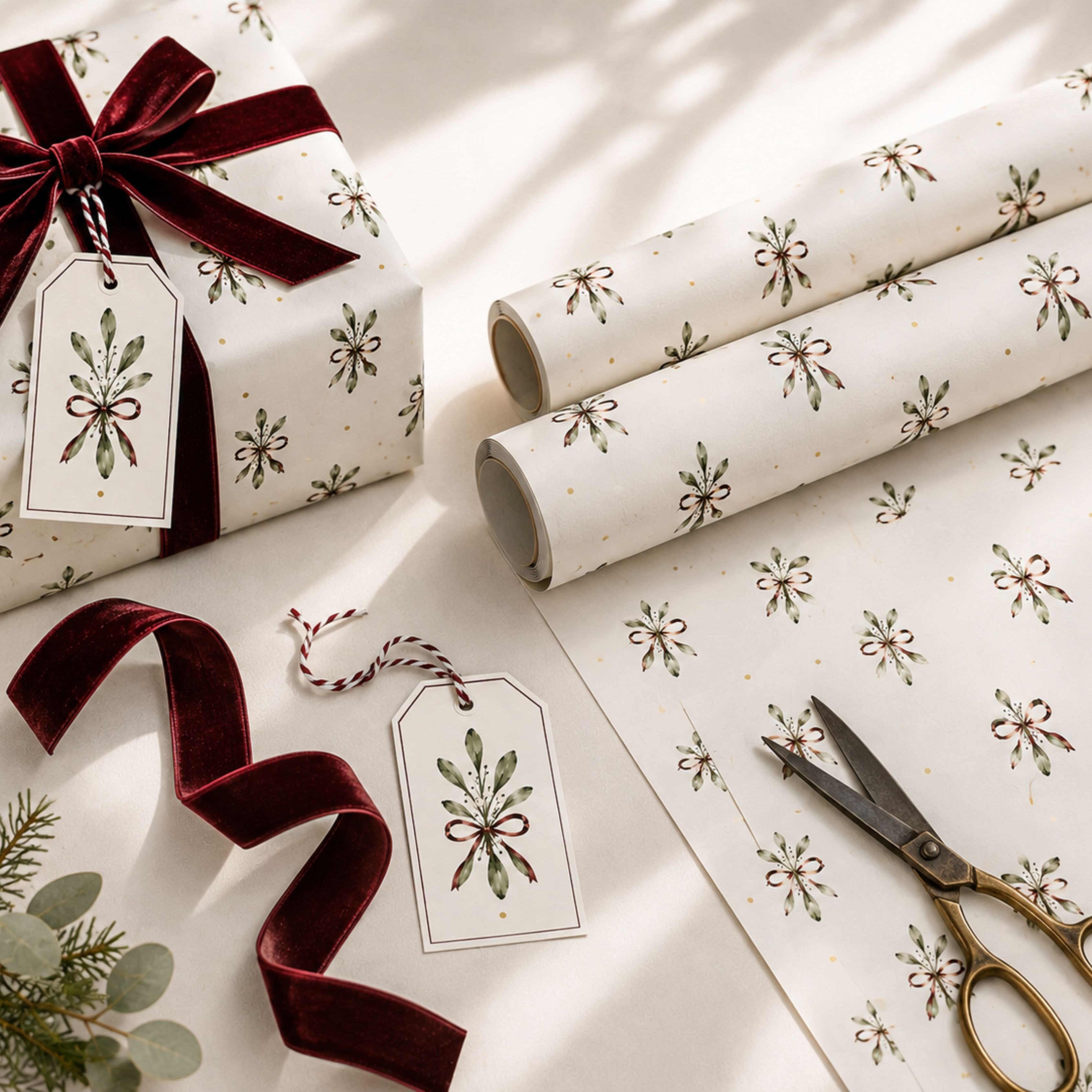 Rolls of elegant mistletoe Christmas wrapping paper with burgundy ribbon detailing