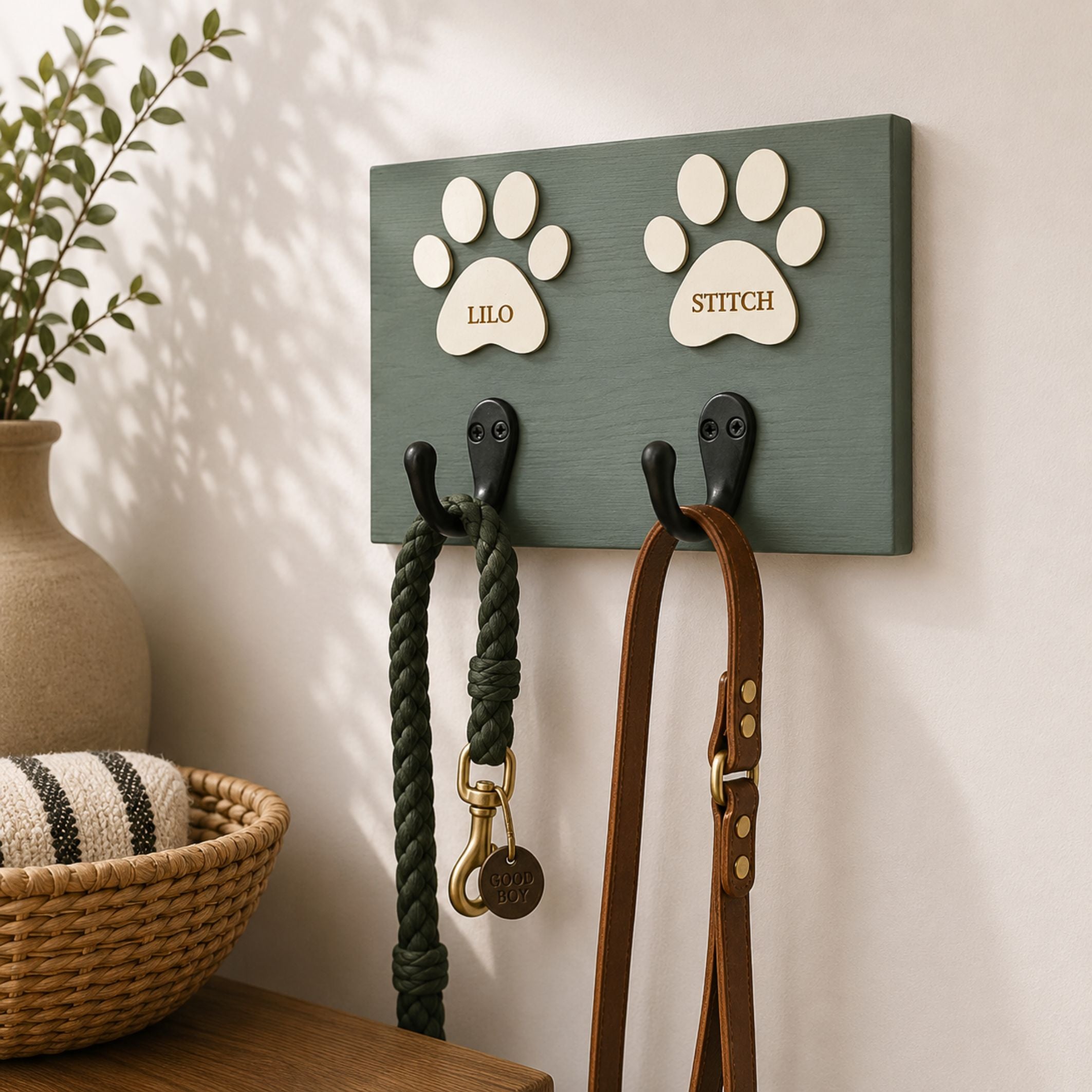 Personalised Dog Lead Hook | Paw Name Sign | Solid Wood | Curated Colours - Mac and Lilly