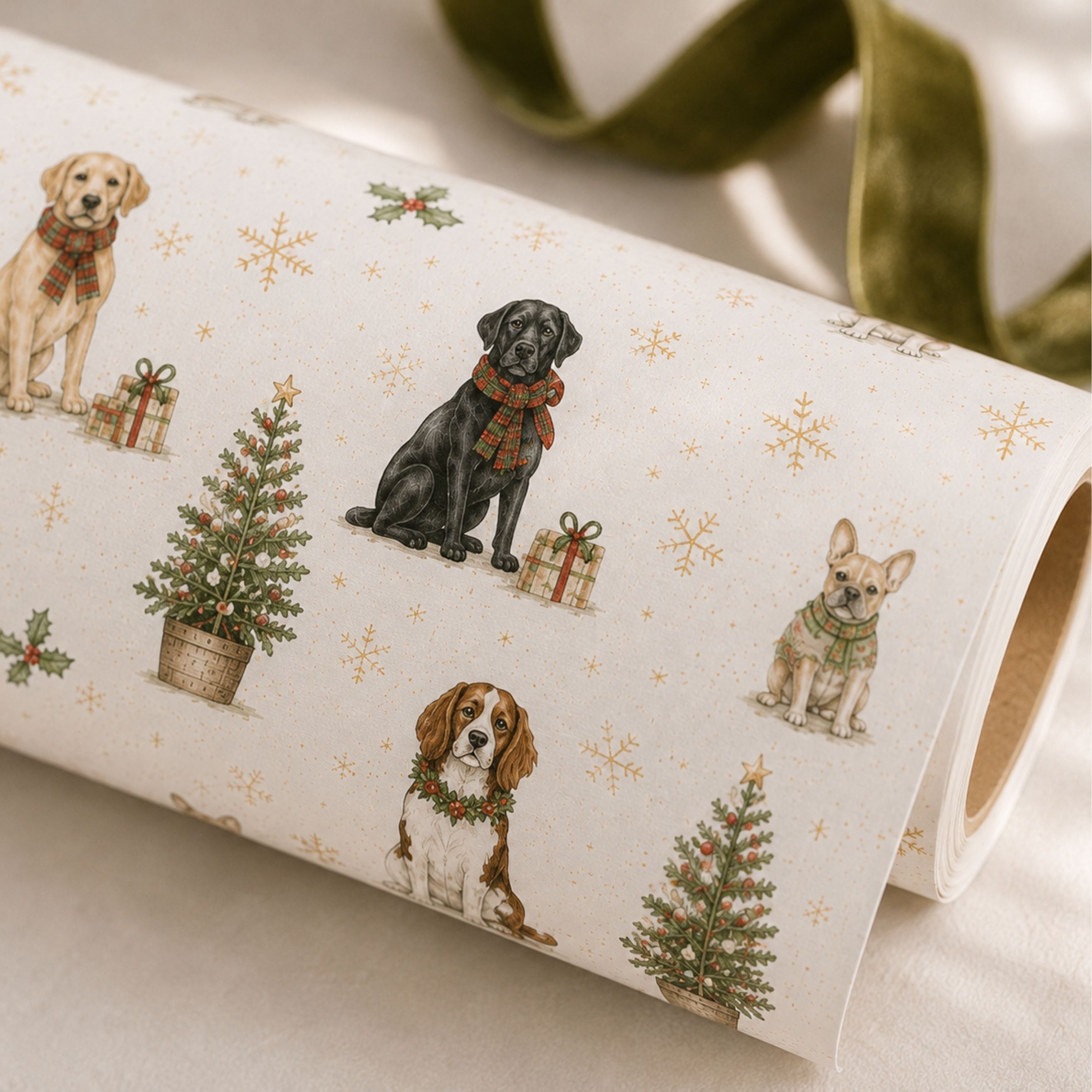 Roll of Christmas tree wrapping paper with festive tree and star pattern on an ivory background