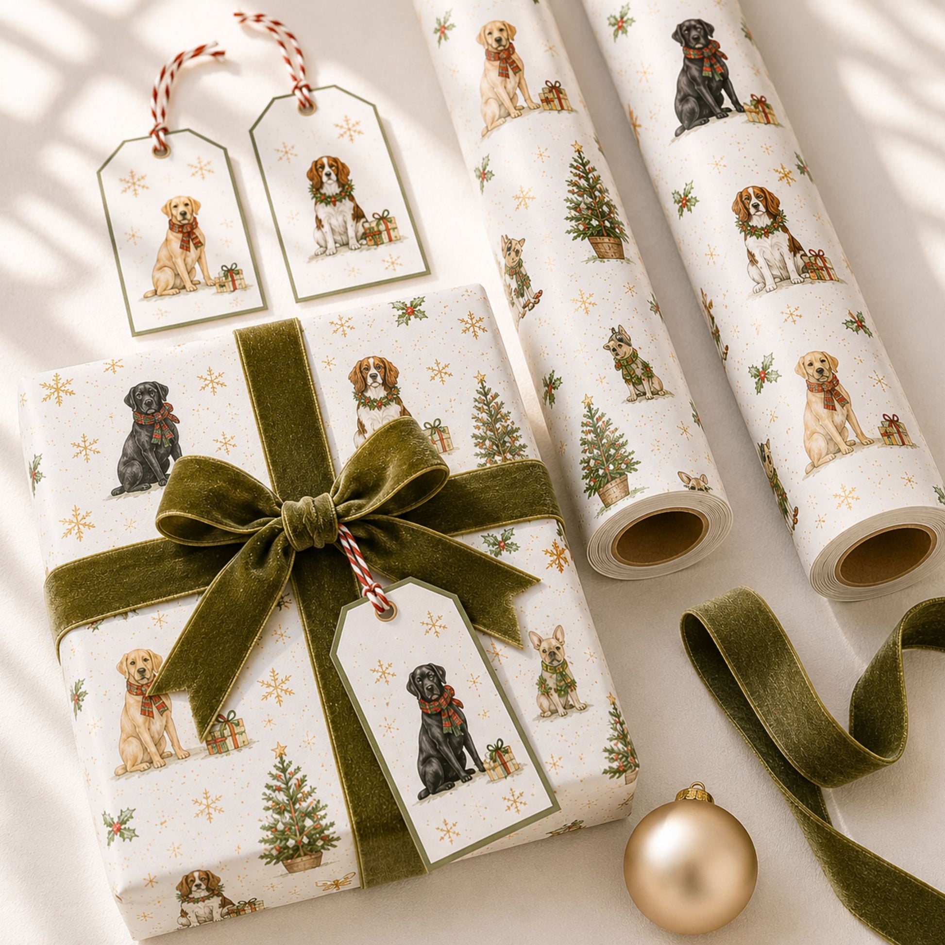 Christmas gifts wrapped in festive tree wrapping paper with olive green velvet ribbon, tags included