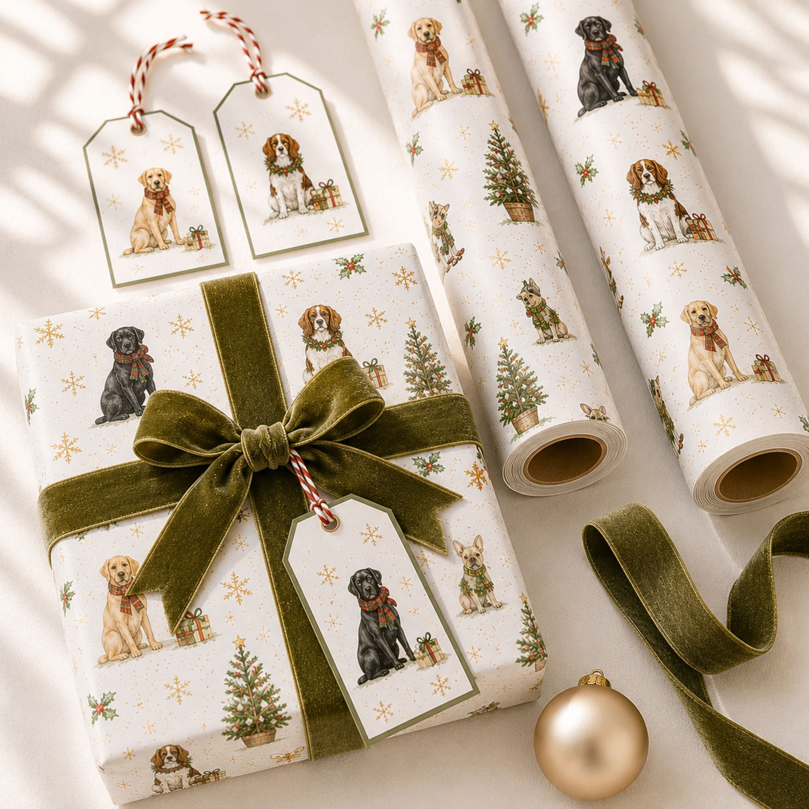 Christmas gifts wrapped in festive tree wrapping paper with olive green velvet ribbon, tags included