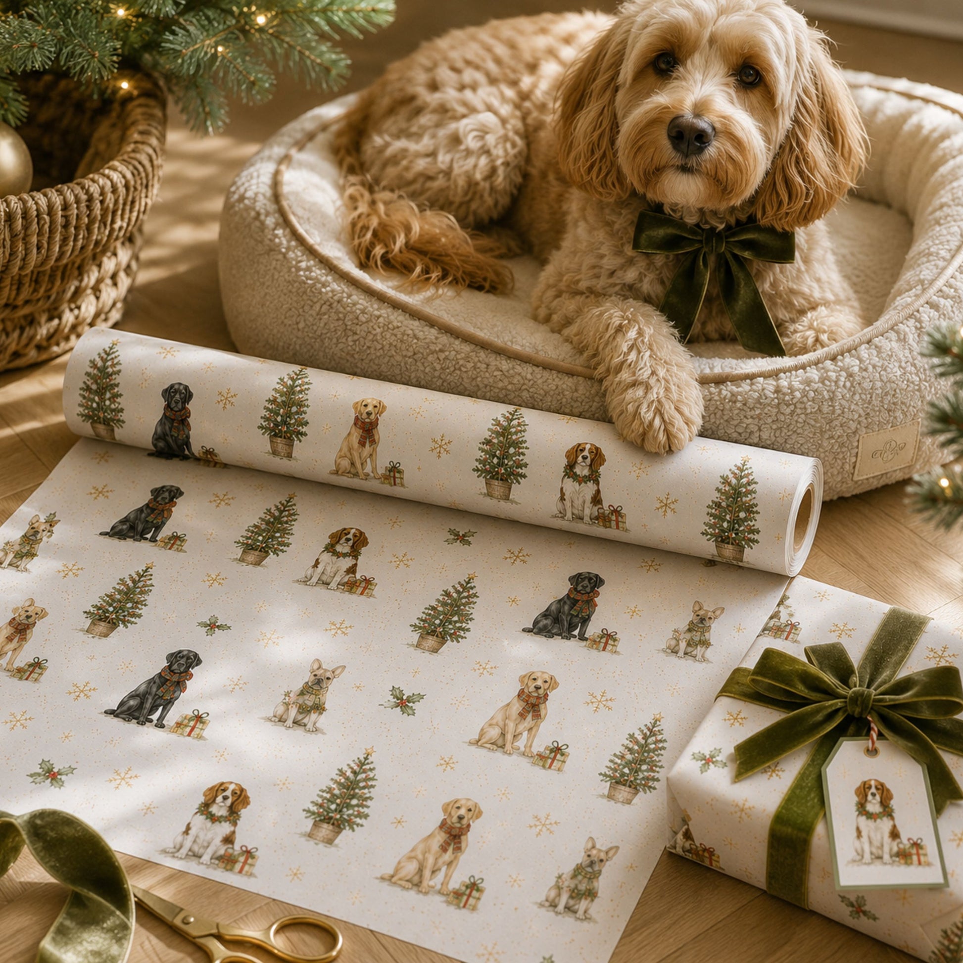 Festive Christmas tree wrapping paper with illustrated trees and stars on an ivory background