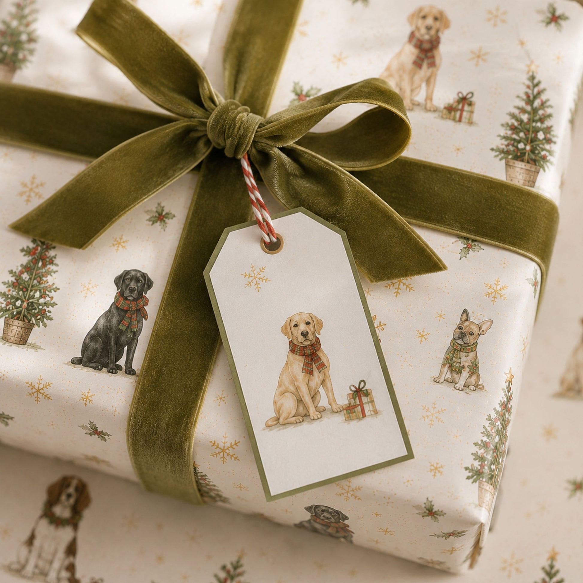 Christmas gift wrapped in festive tree wrapping paper with olive green velvet ribbon and matching gift tag

