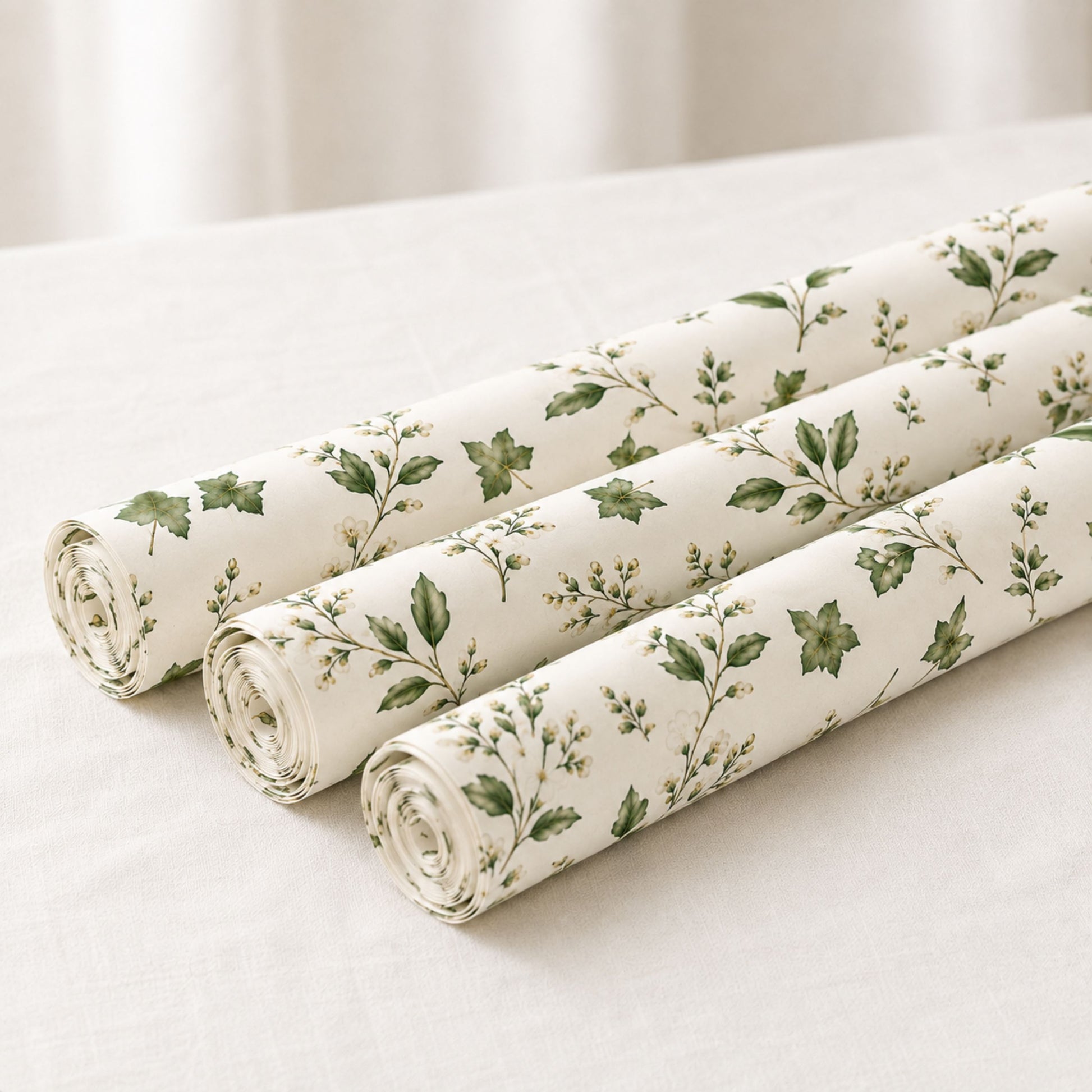 Rolls of green botanical wrapping paper with delicate leaf and floral design on ivory, premium 140gsm gift wrap