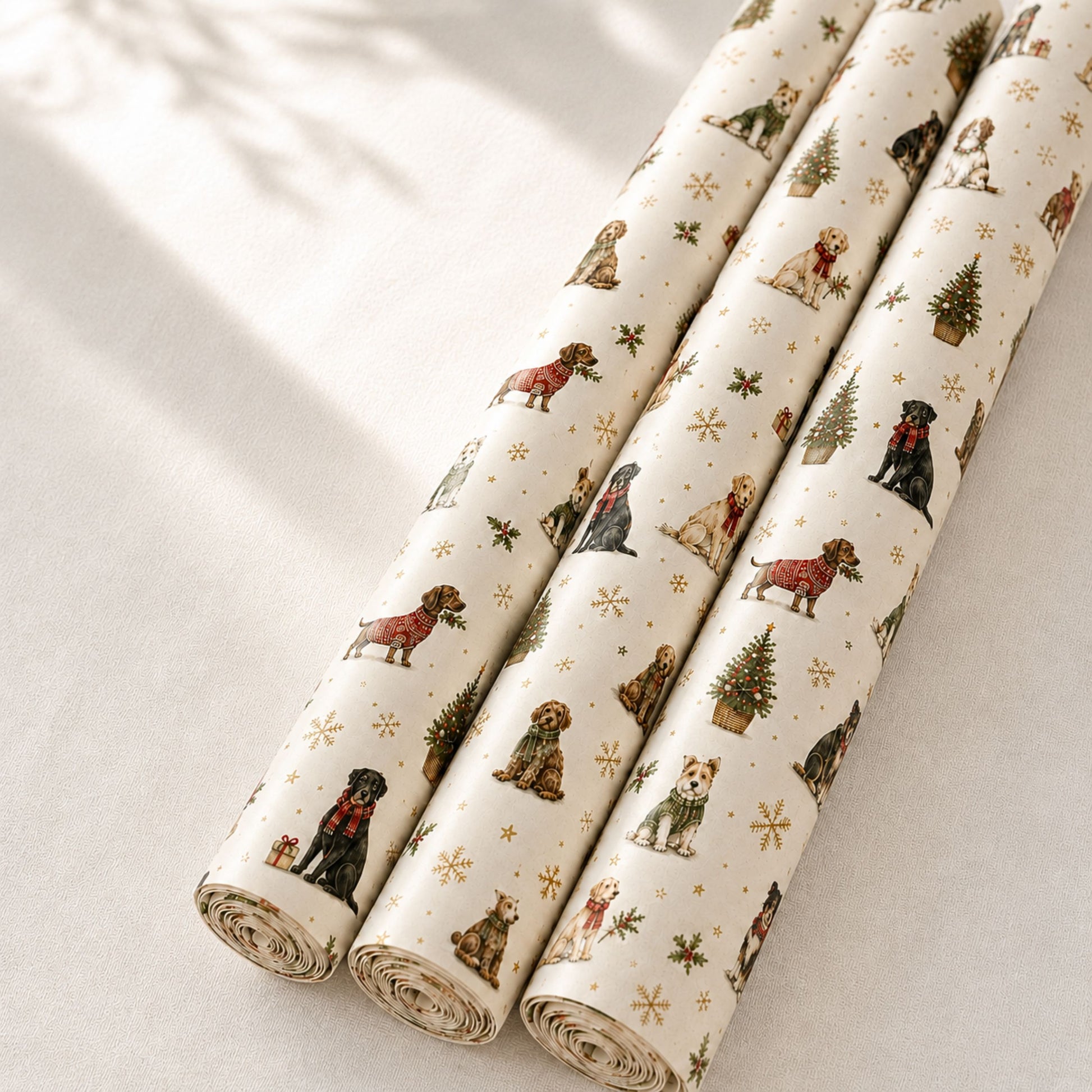 Rolls of Christmas tree wrapping paper, premium 140gsm matte gift wrap in a festive neutral design