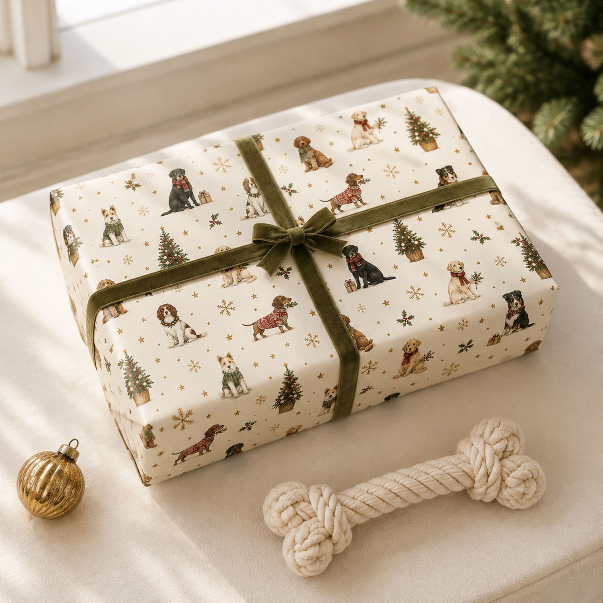 Christmas presents wrapped in tree patterned gift wrap with dark velvet ribbon and matching tags
