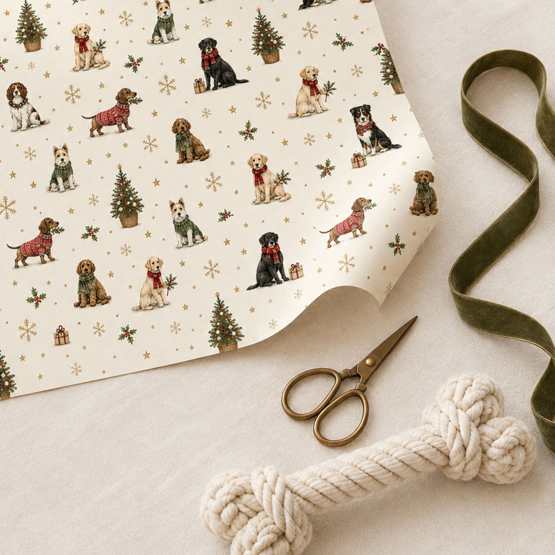 Close-up of Christmas tree wrapping paper with festive illustrated trees and stars