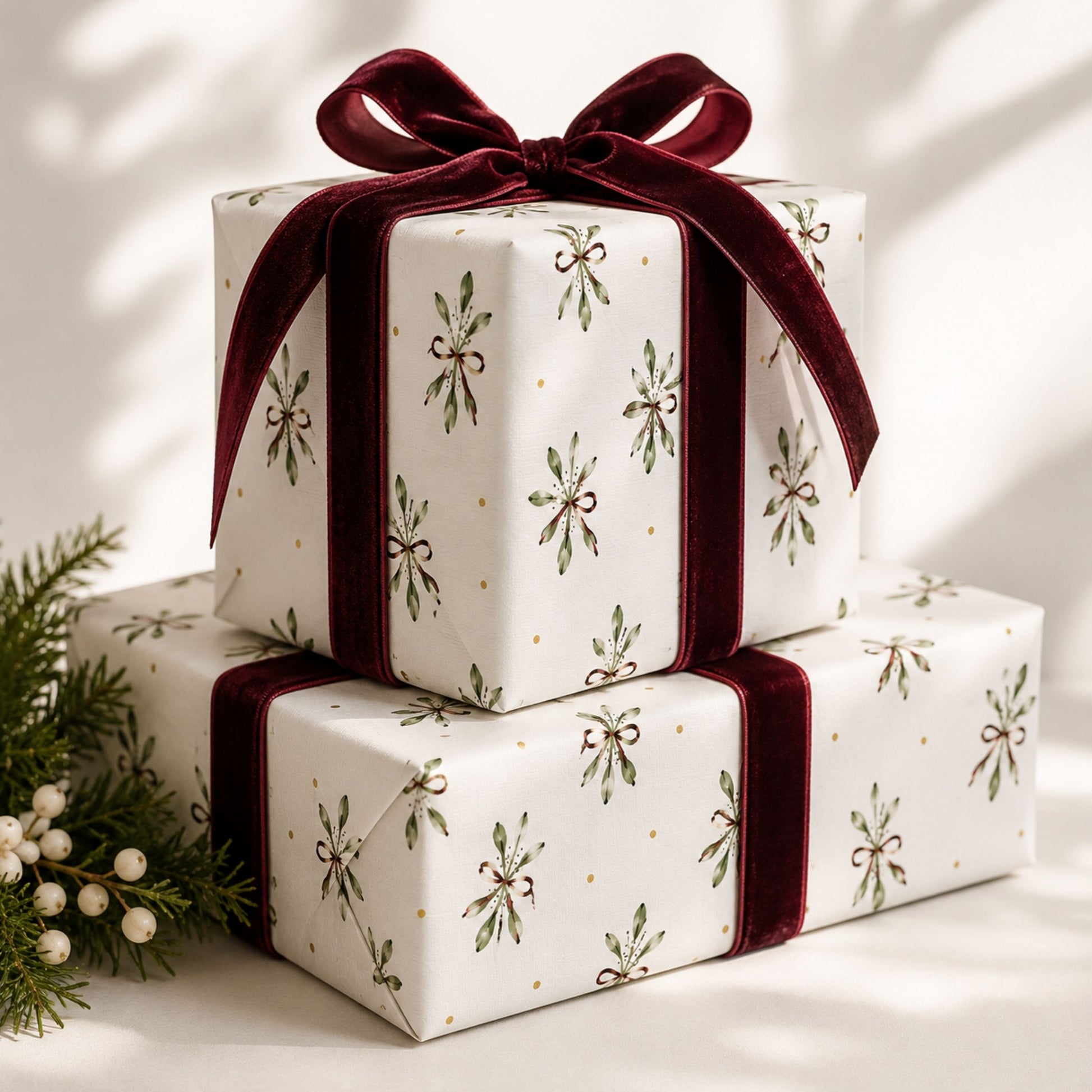 Christmas presents wrapped in mistletoe gift wrap with rich burgundy velvet bows