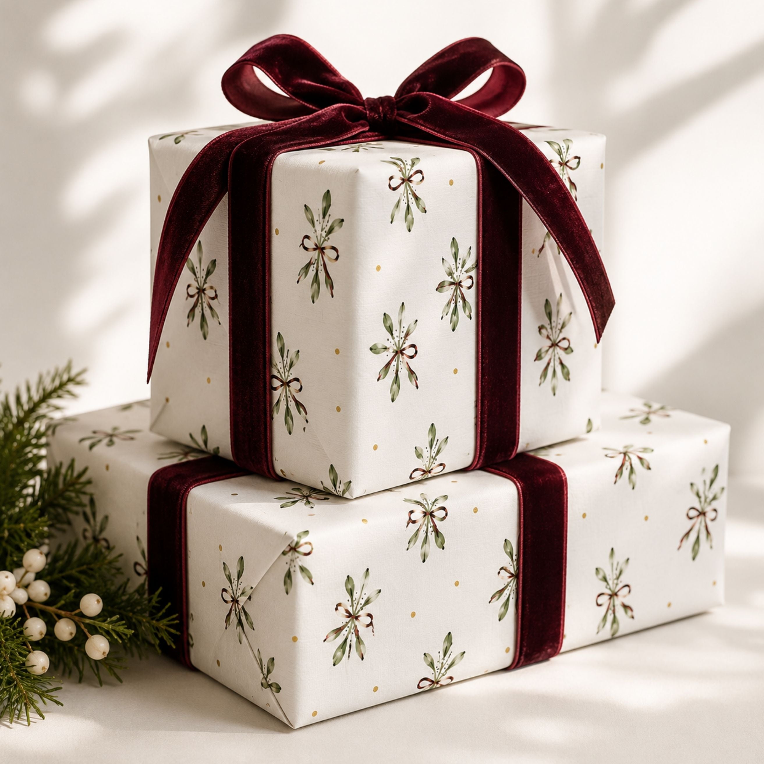 Christmas presents wrapped in mistletoe gift wrap with rich burgundy velvet bows