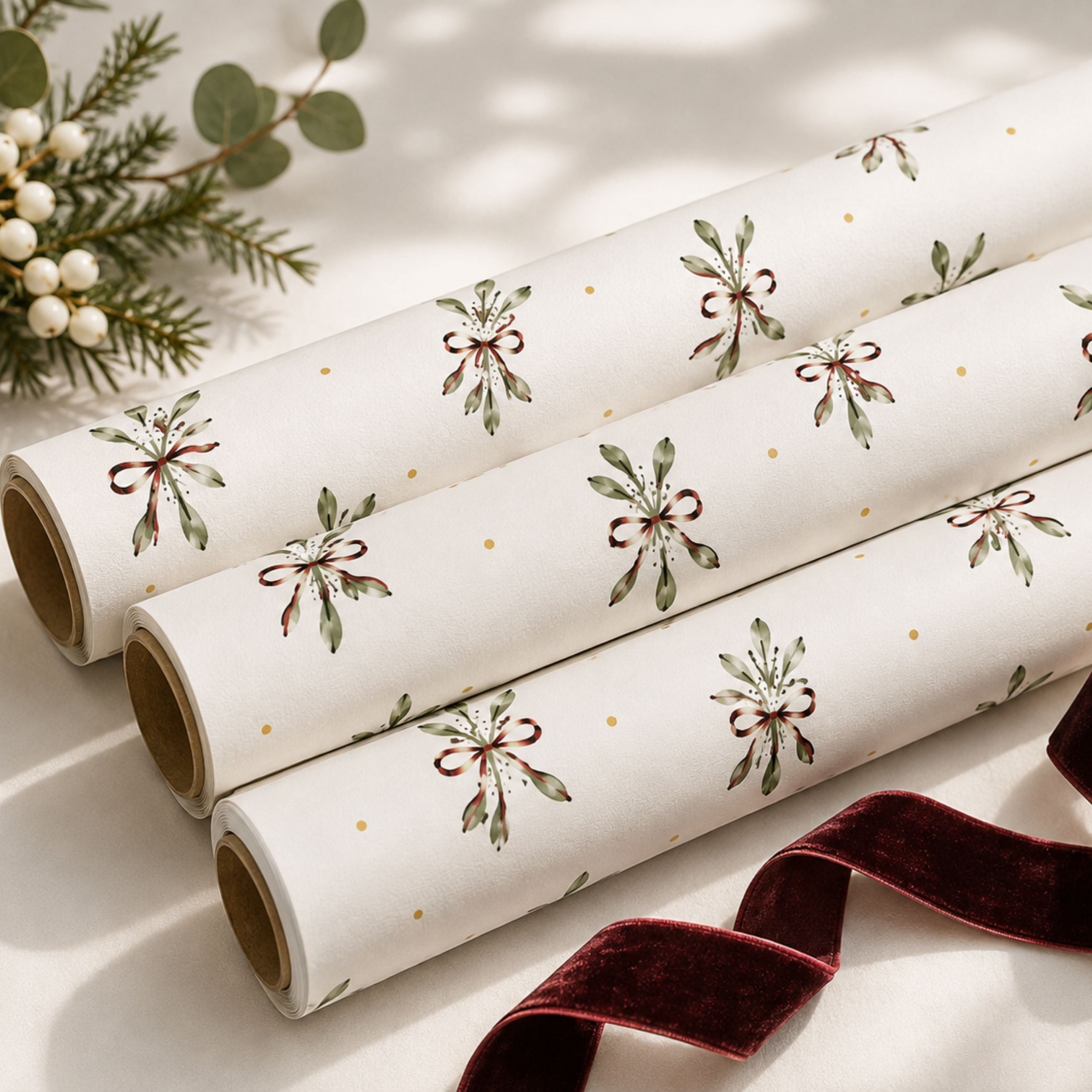 Rolls of mistletoe Christmas wrapping paper with delicate green foliage, gold dots and burgundy ribbon design