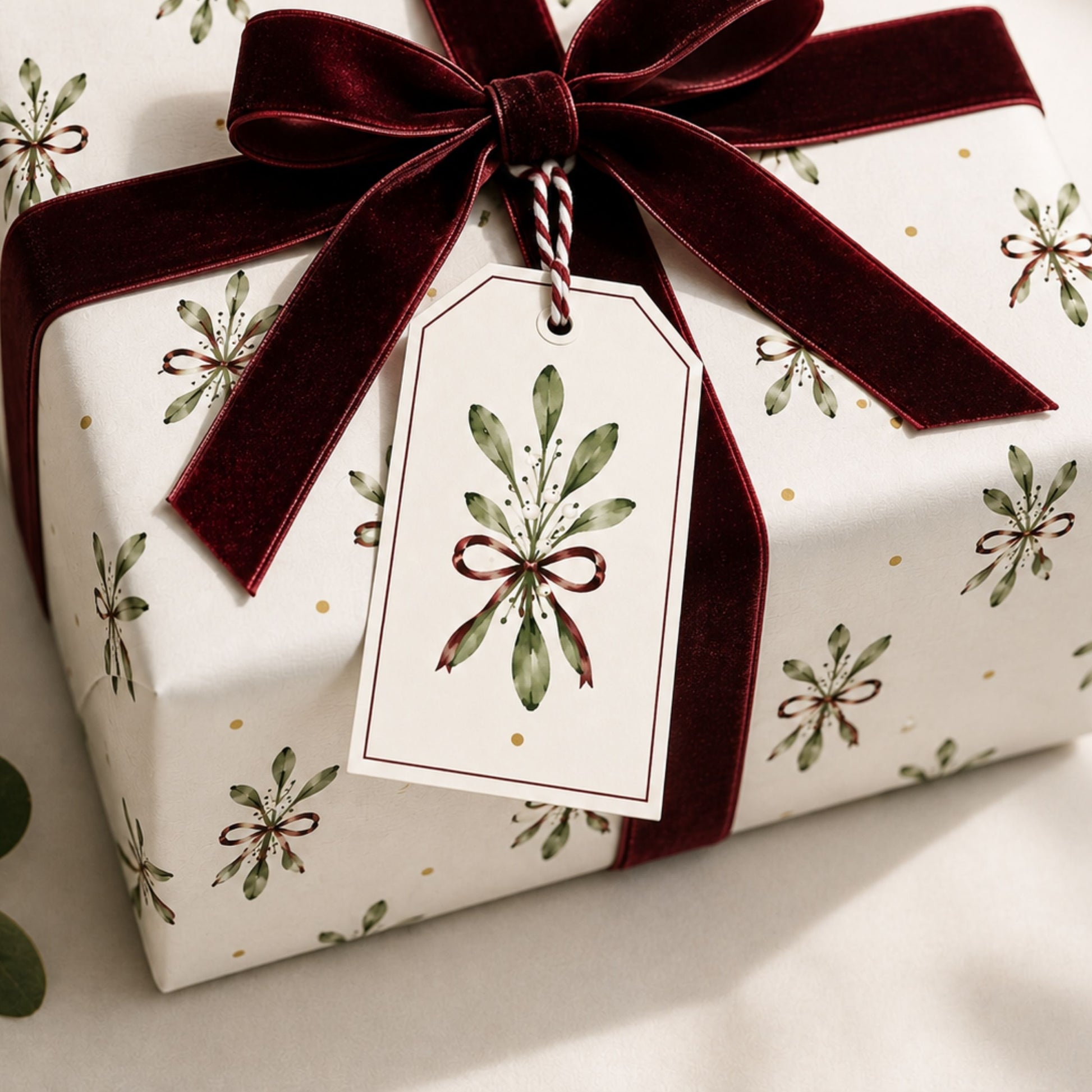 Christmas gift wrapped in mistletoe wrapping paper with deep burgundy velvet ribbon
