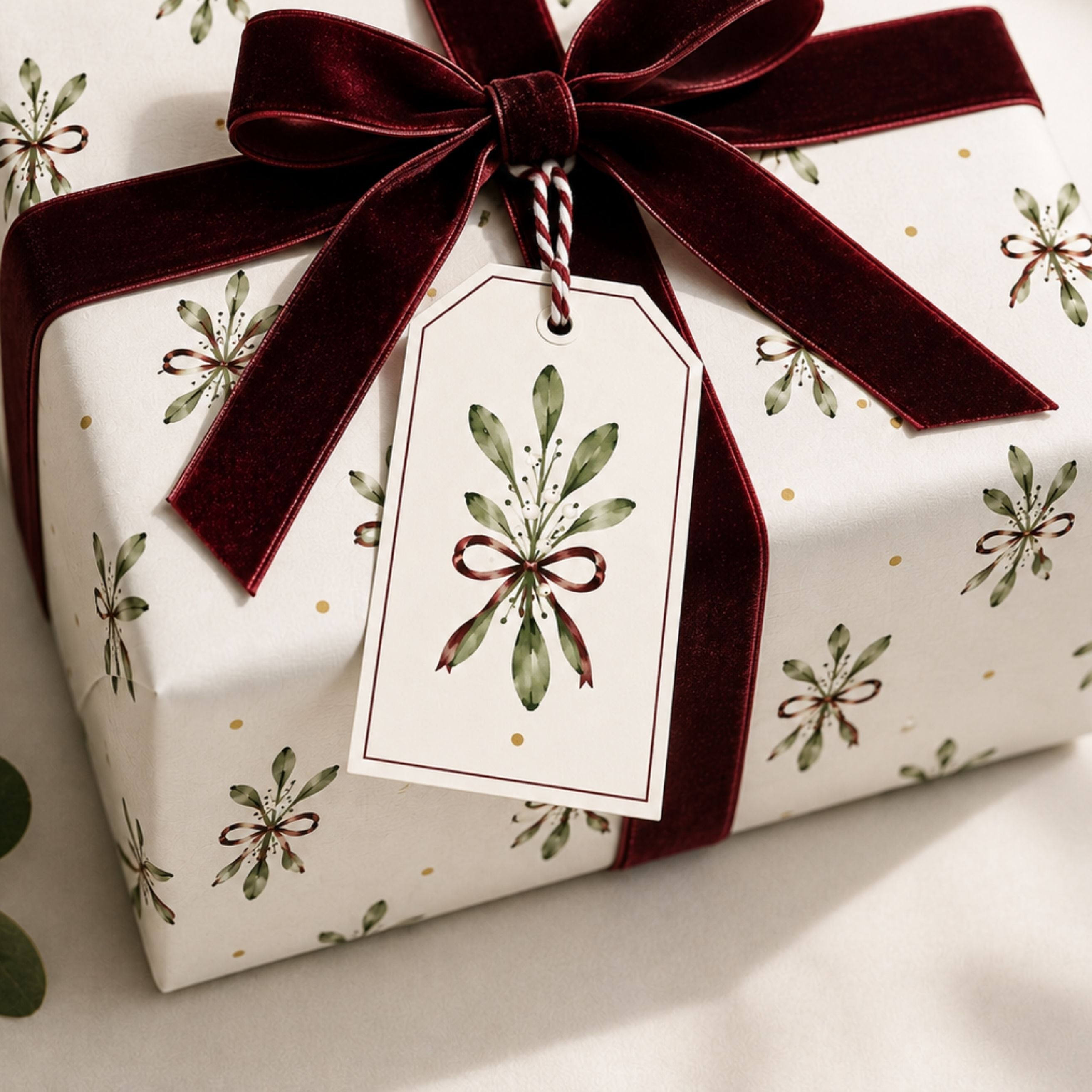 Christmas gift wrapped in mistletoe wrapping paper with deep burgundy velvet ribbon