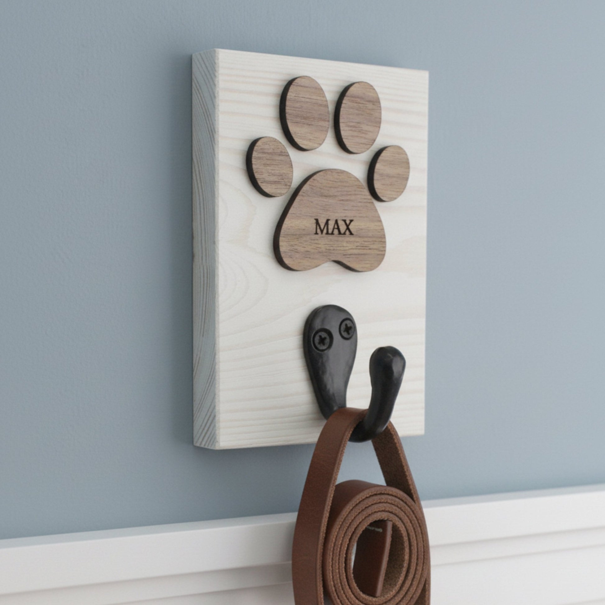 Personalised Dog Lead Hook | White or Black with Veneer Paw - Mac and Lilly