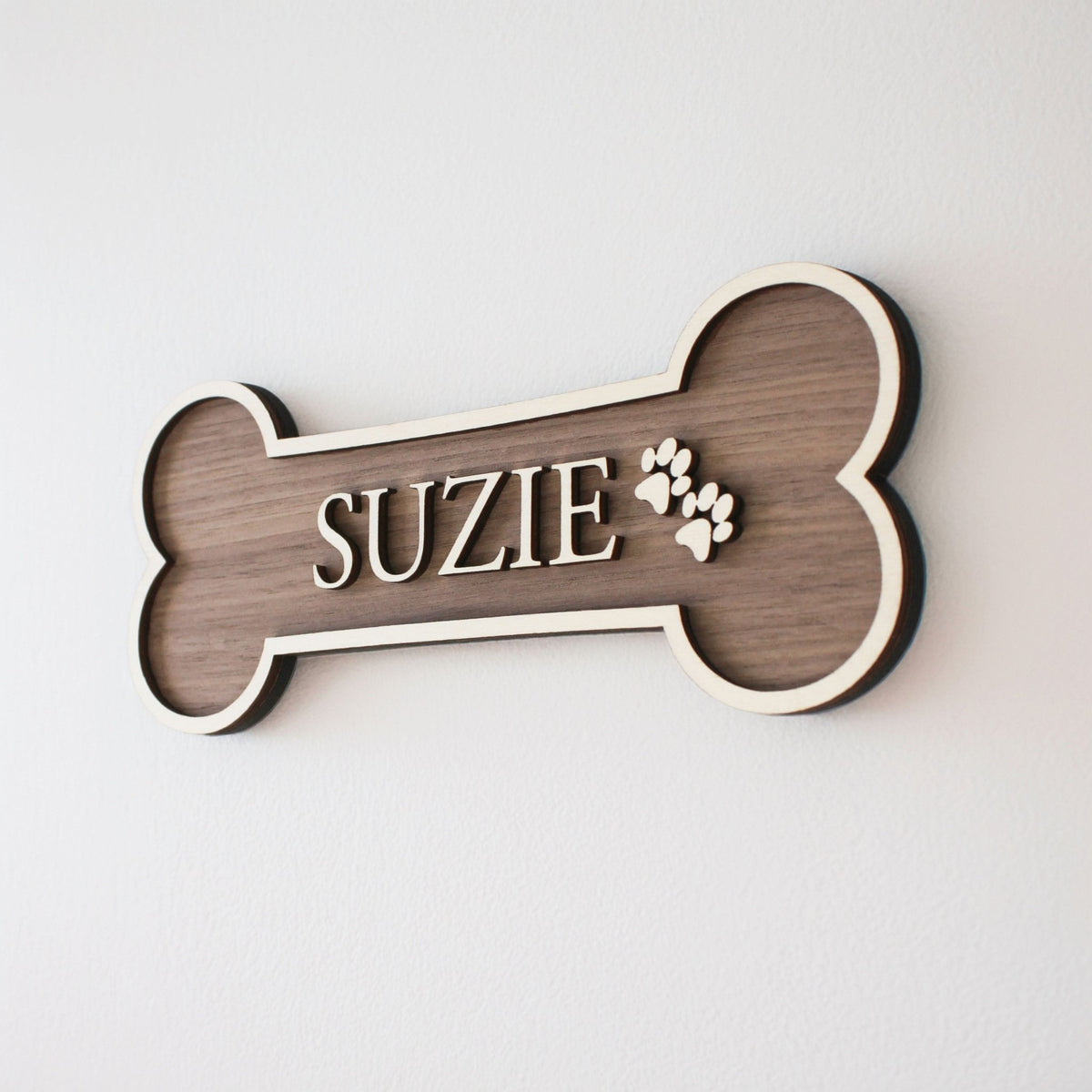 Personalised Dog Bone Sign | Solid Wood Pet Name Plaque | Wood Veneer - Mac and Lilly