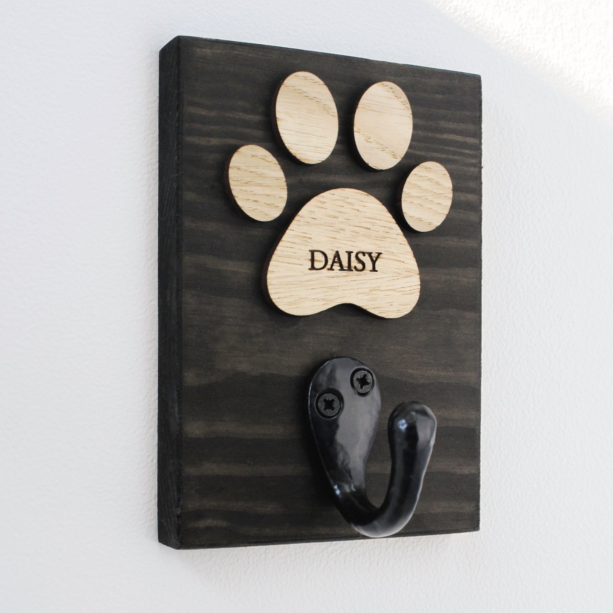 Personalised Dog Lead Hook, with White or Black Base and Oak or Walnut Veneer Paw - Mac and Lilly