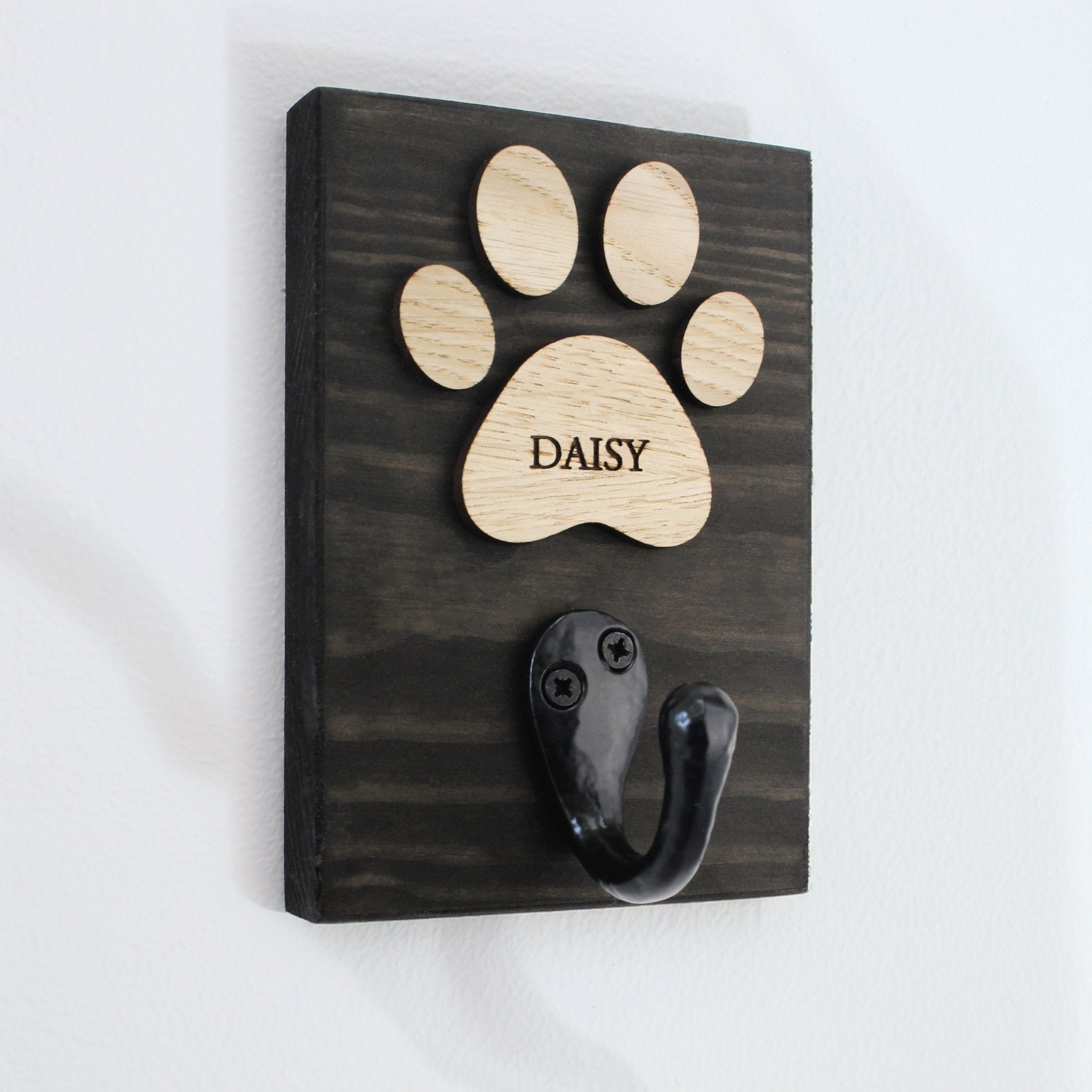 Personalised Dog Lead Hook, with White or Black Base and Oak or Walnut Veneer Paw - Mac and Lilly