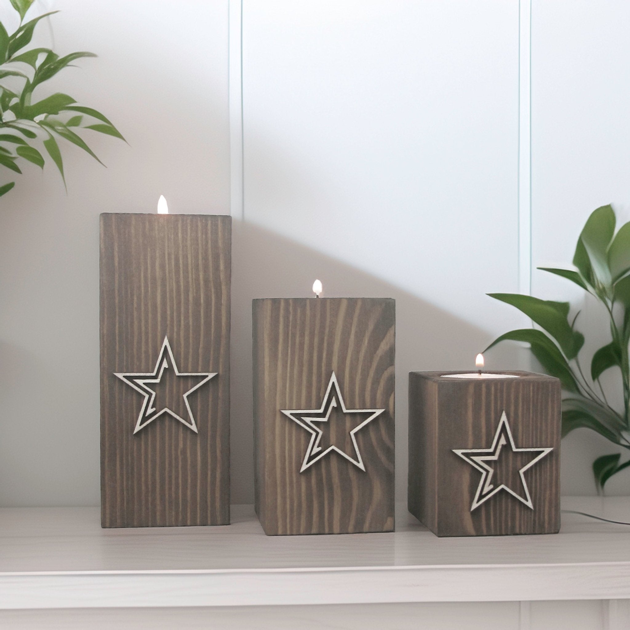 Handcrafted Wooden Tea light Holders with Raised Star Design, Set of Three - Mac and Lilly