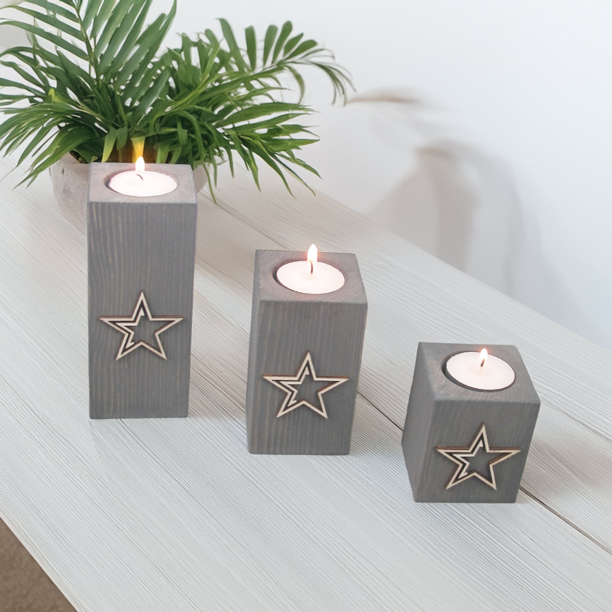 Handcrafted Wooden Tea light Holders with Raised Star Design, Set of Three - Mac and Lilly