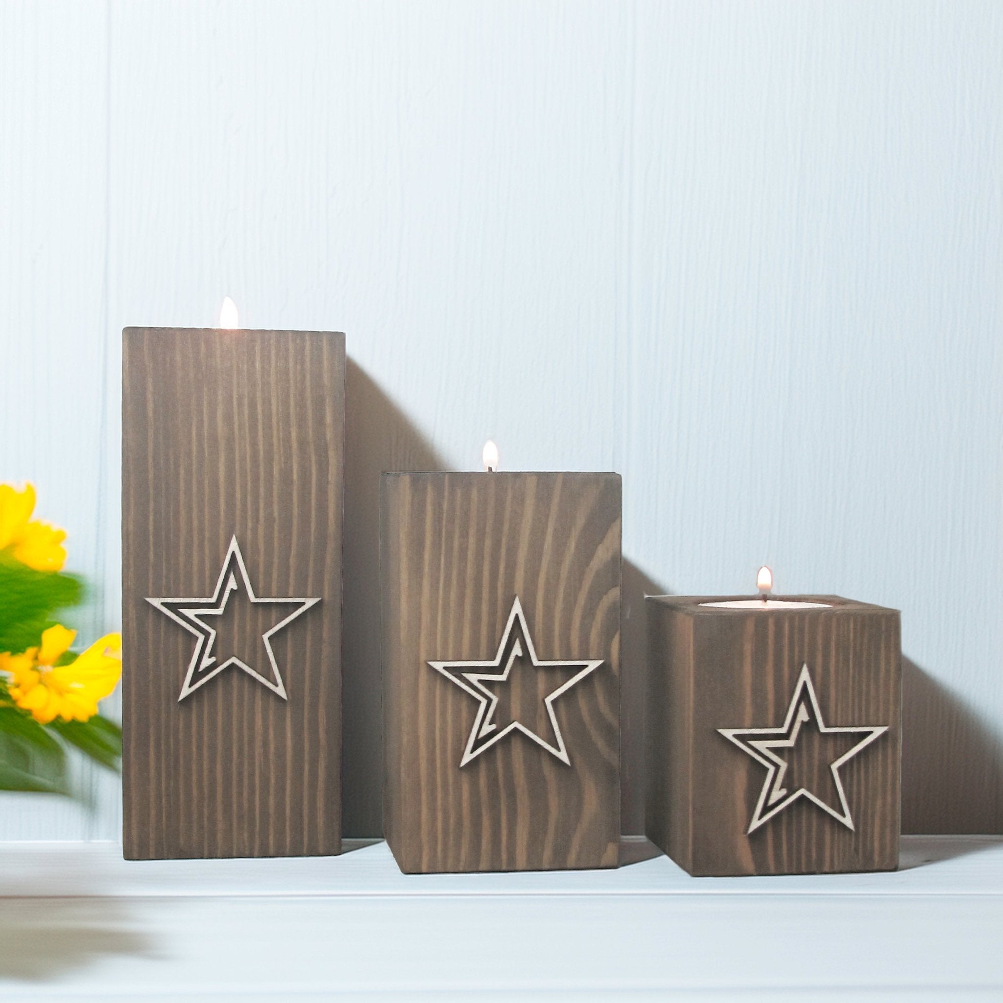 Handcrafted Wooden Tea light Holders with Raised Star Design, Set of Three - Mac and Lilly