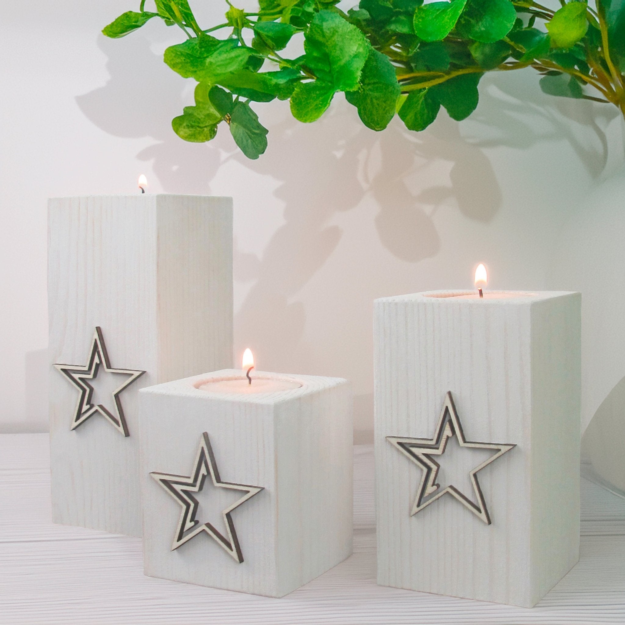 Handcrafted Wooden Tea light Holders with Raised Star Design, Set of Three - Mac and Lilly