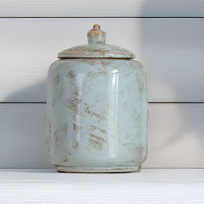 Rustic Pale Turquoise Glazed Storage Jar