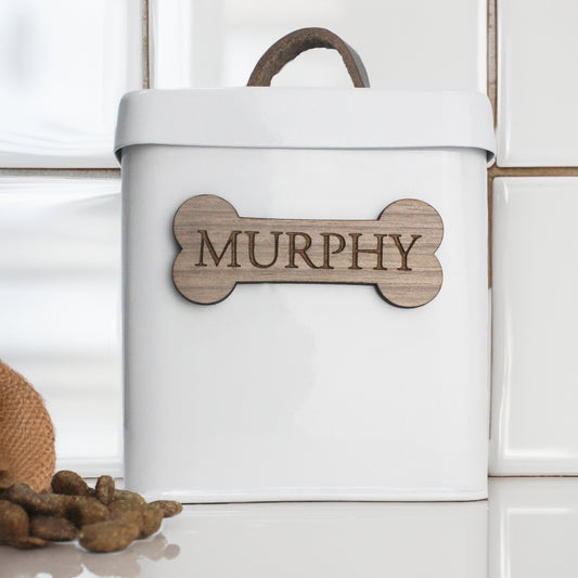 Personalised Rustic Farmhouse Pet Treat Tin with Walnut Nameplate and Leather Handle