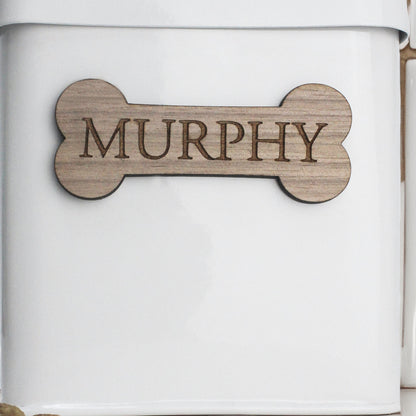 Personalised Rustic Farmhouse Pet Treat Tin with Walnut Nameplate and Leather Handle