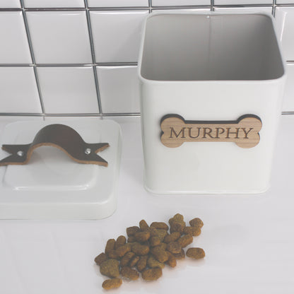 Personalised Rustic Farmhouse Pet Treat Tin with Walnut Nameplate and Leather Handle