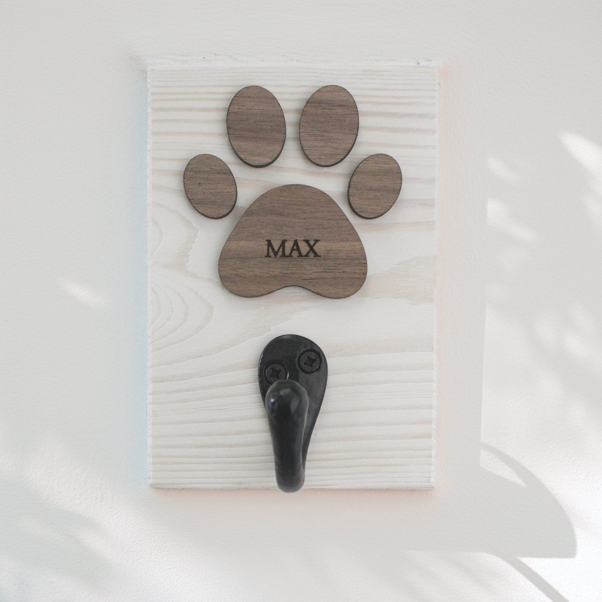 Personalised Dog Lead Hook, with White or Black Base and Oak or Walnut Veneer Paw - Mac and Lilly