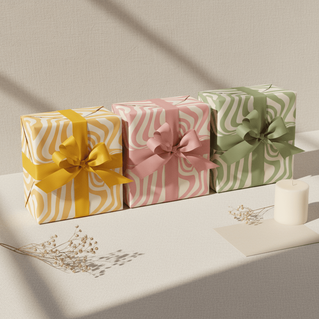 Retro Swirl wrapping paper in yellow pink and green with coordinating ribbon