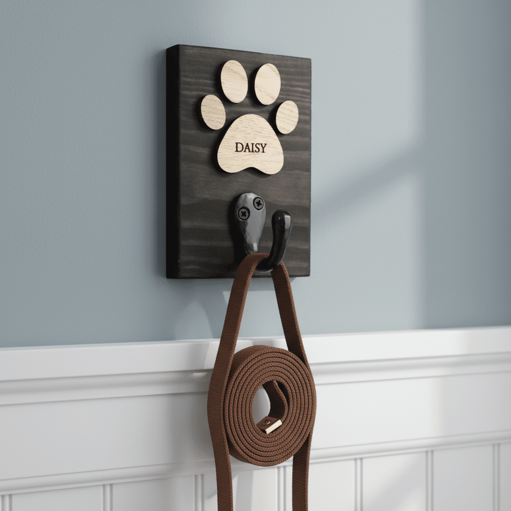 Personalised Dog Lead Hook, with White or Black Base and Oak or Walnut Veneer Paw - Mac and Lilly