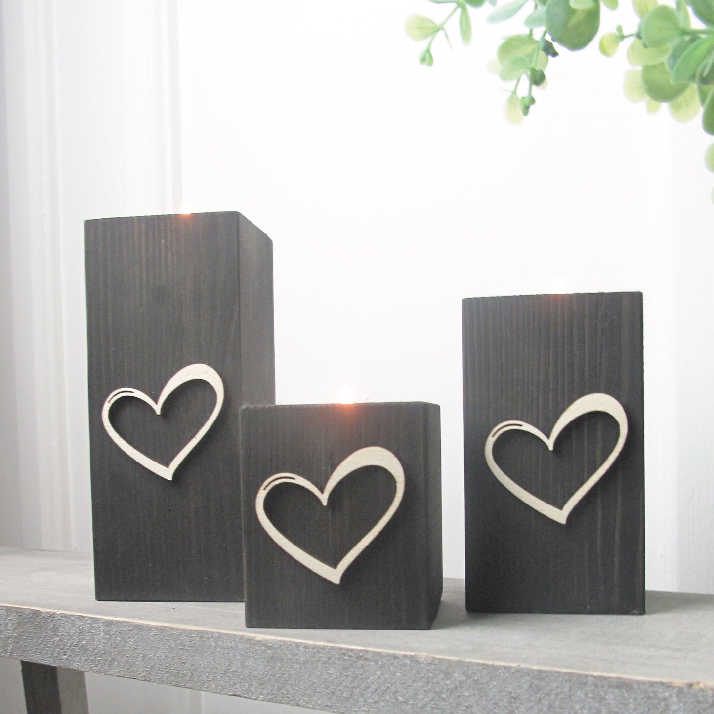 Handcrafted Wooden Tea Light Holders - Raised Love Heart Design