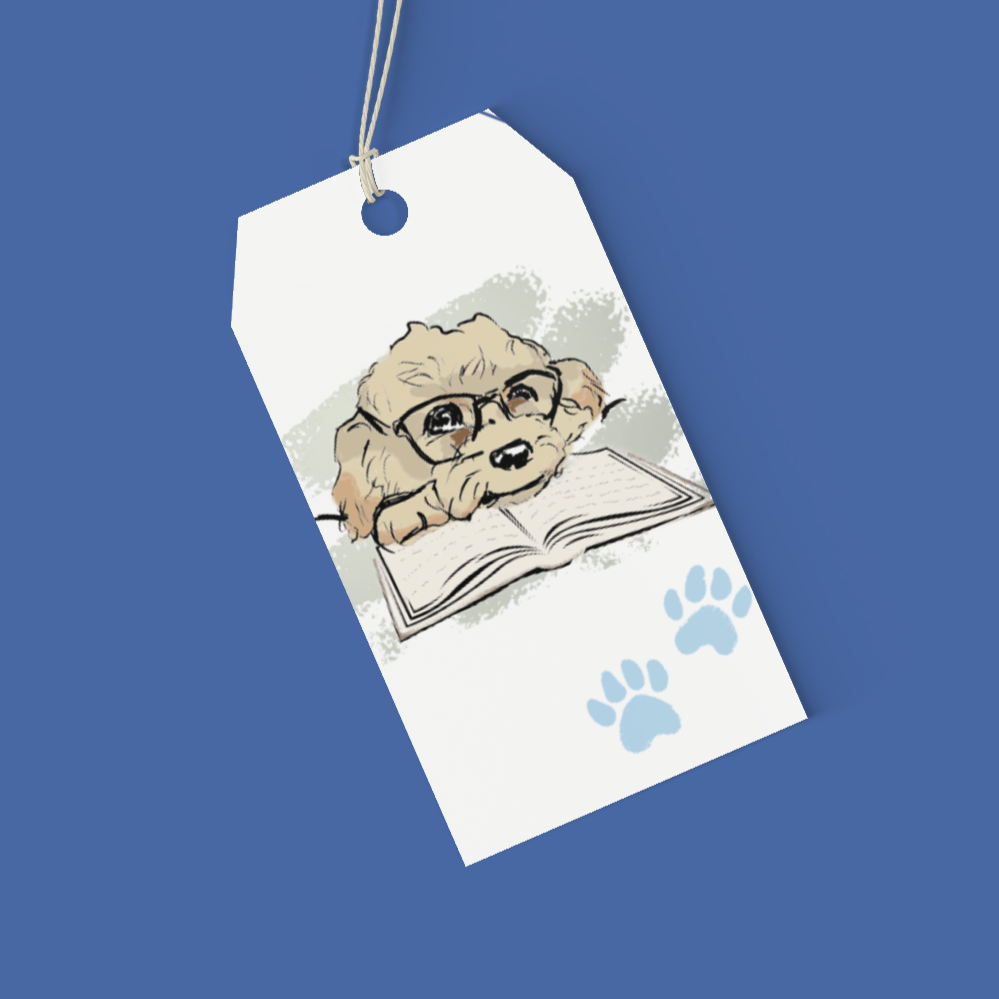 Gift tag with a cavapoo cockapoo illustration and paw print on a blue background