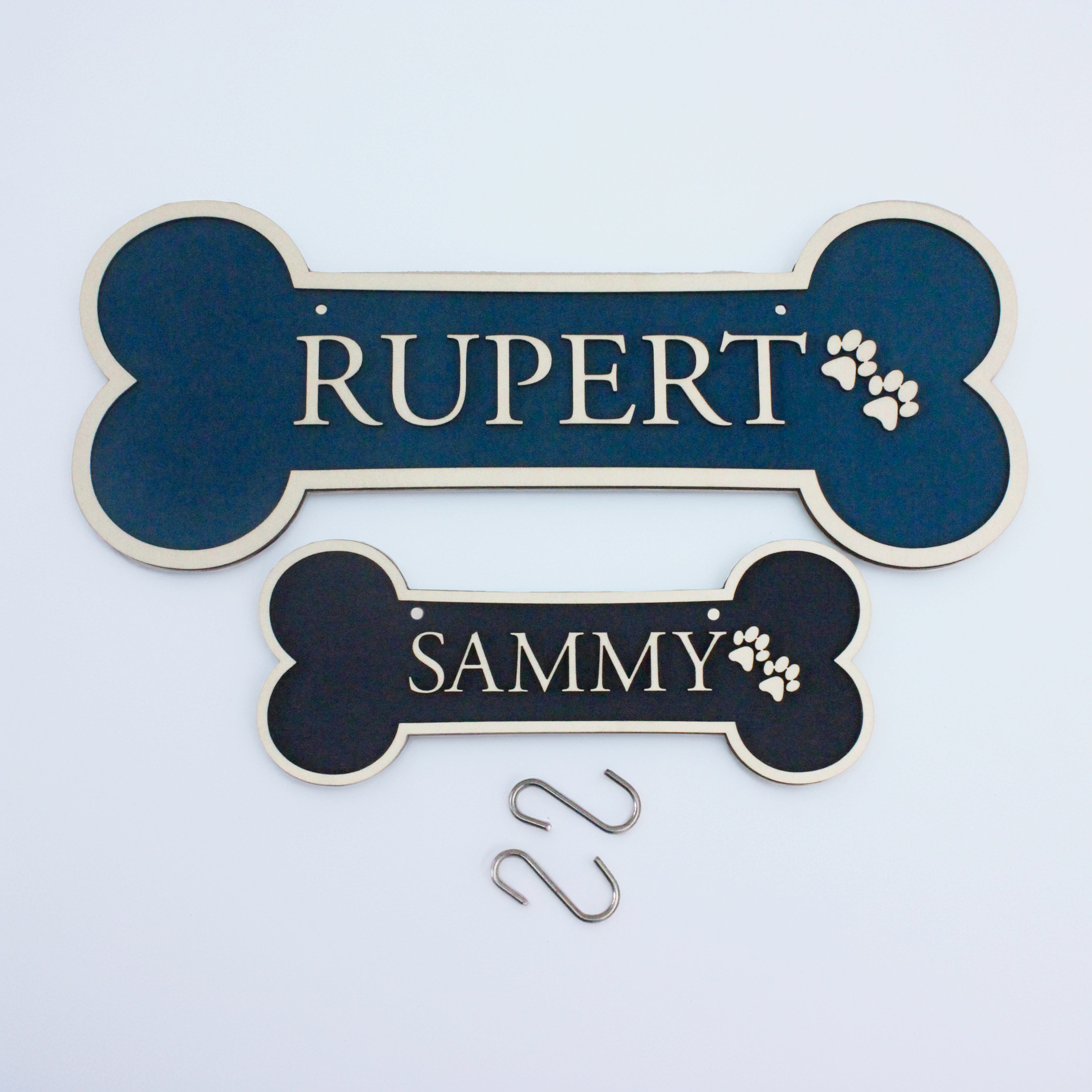 Personalised dog bone crate signs with pre-drilled holes and hooks