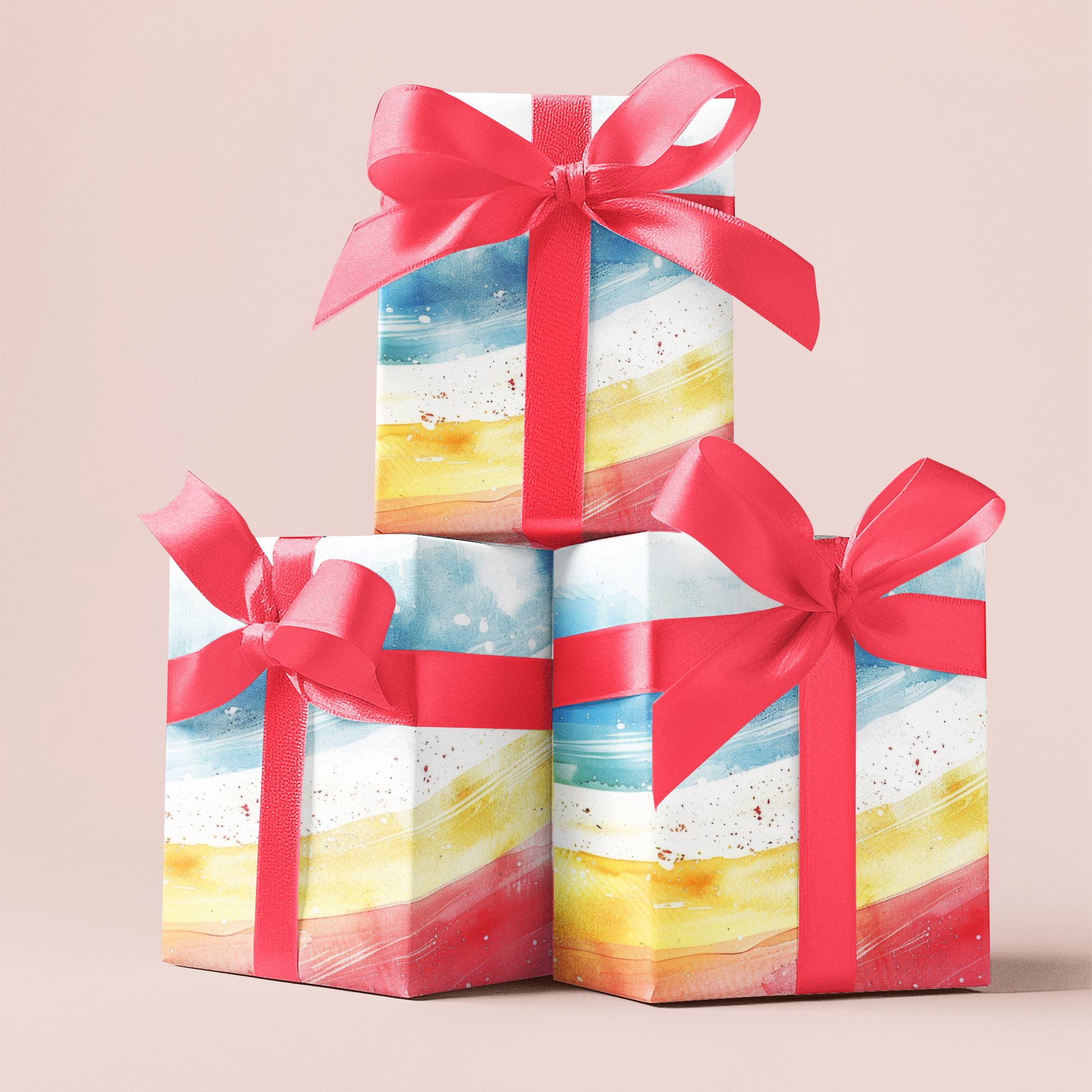 Three gift boxes with colourful water colour rainbow designs and red ribbons gay pride