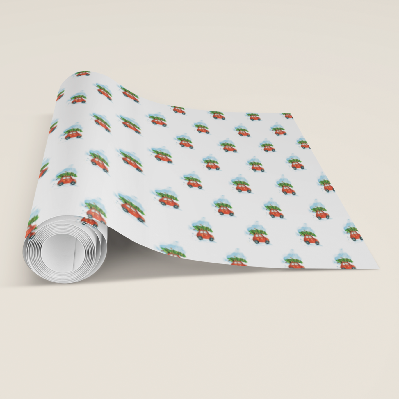 Christmas Roll of gift wrap paper with car pattern on a beige background