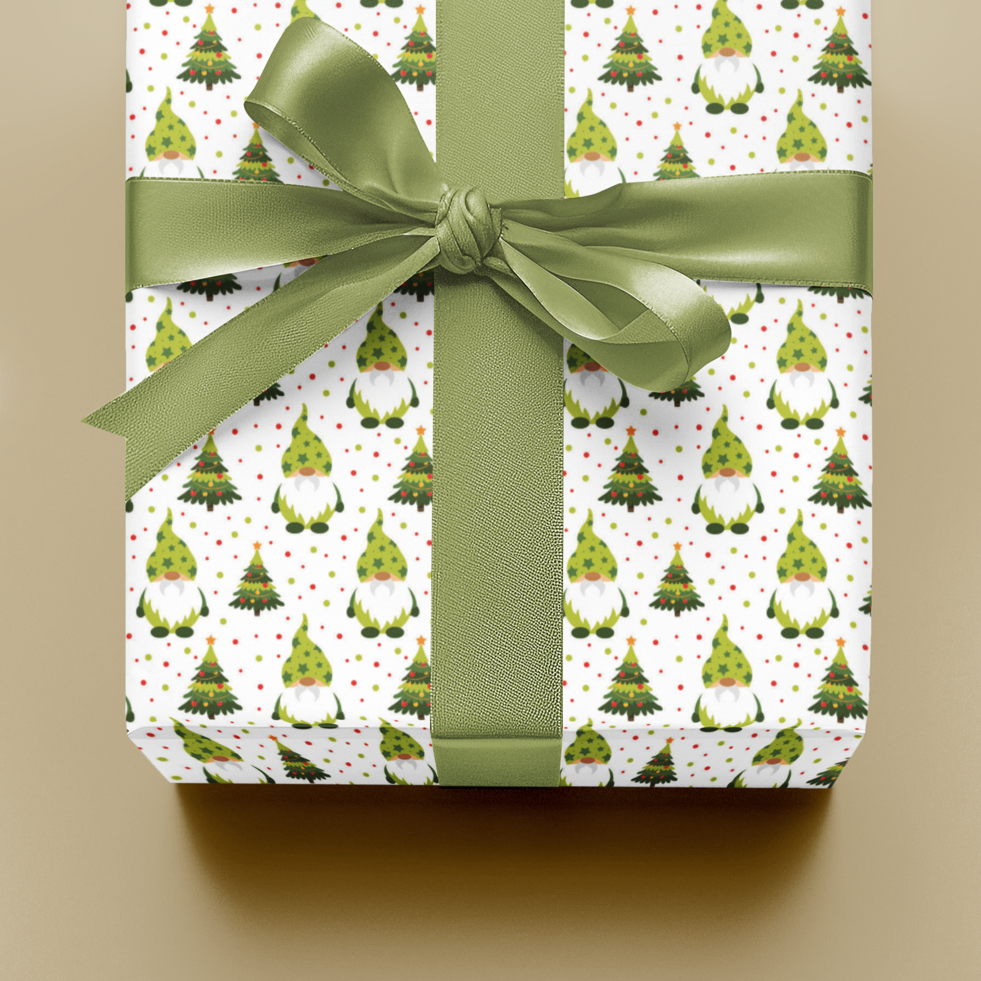 Gift wrapped in paper with Christmas gnome pattern and green ribbon on beige background perfect fore teens 