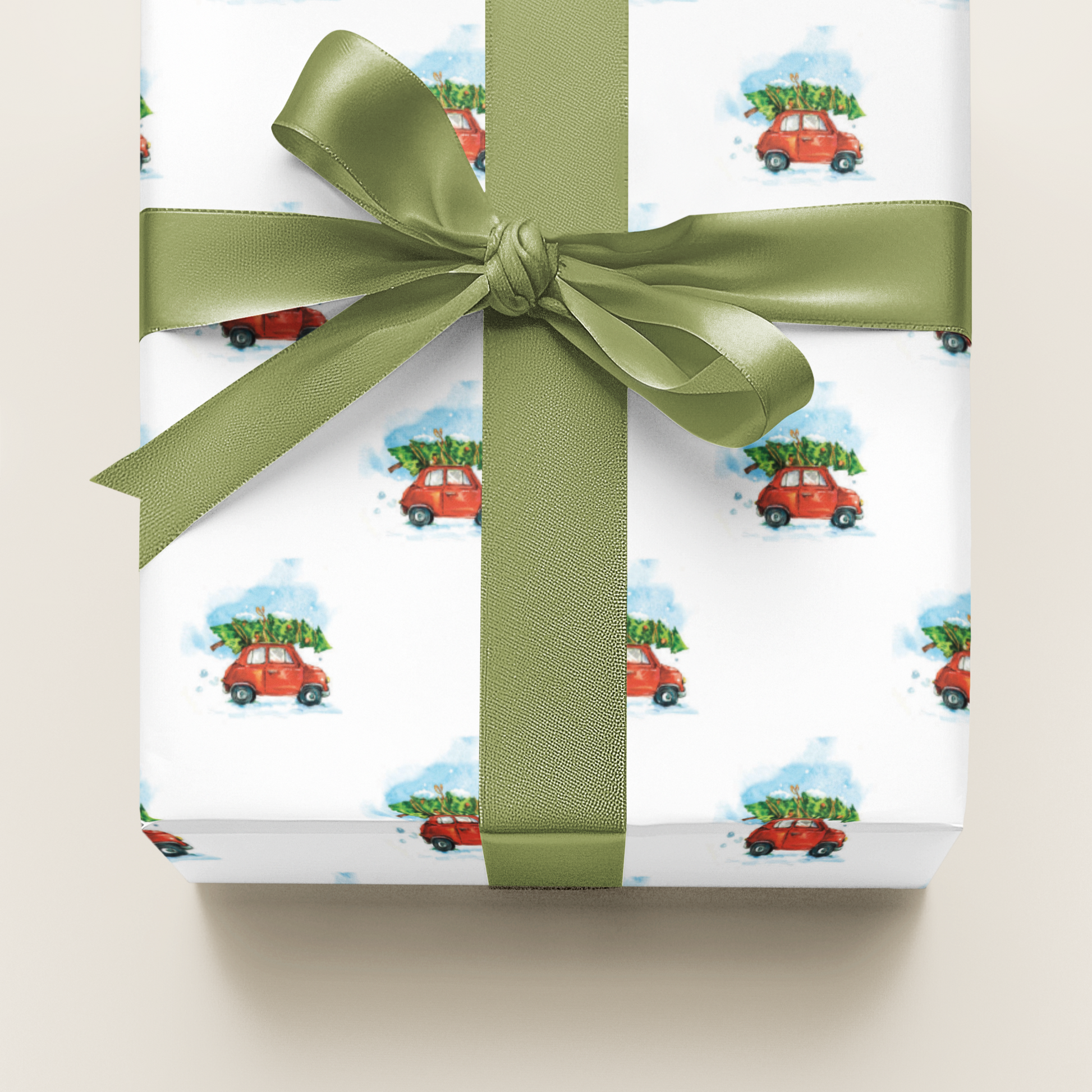 Christmas themed gift wrap with a classic red card with a tree on the roof