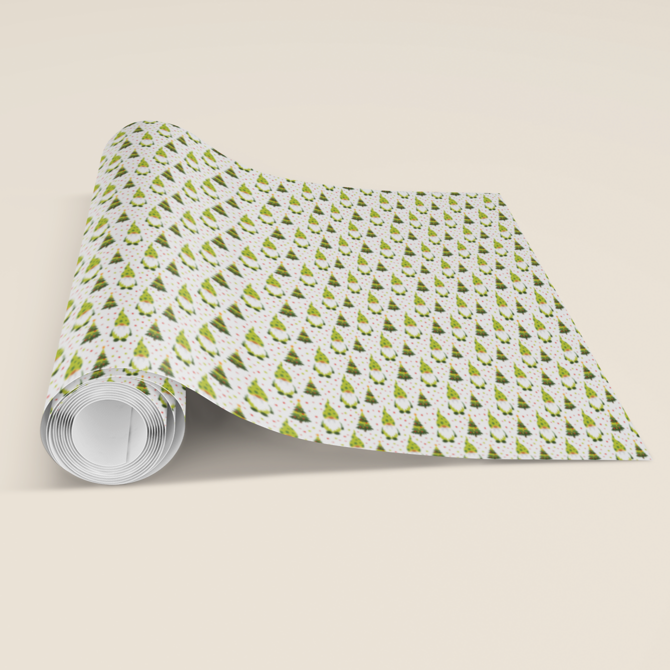 Roll of paper towel with green gnome pattern on a beige background
