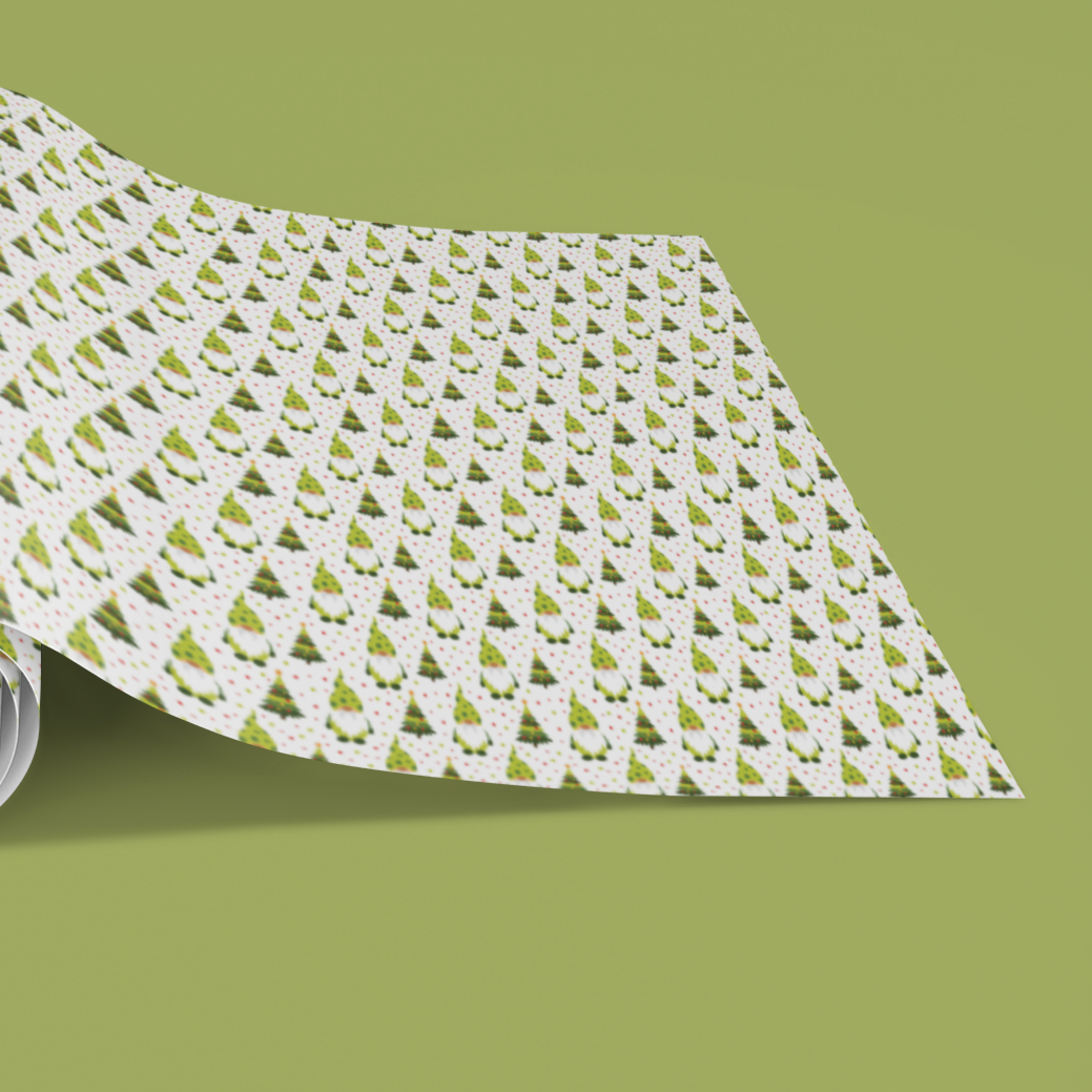 Roll of patternedChristmas gnome paper on a green background