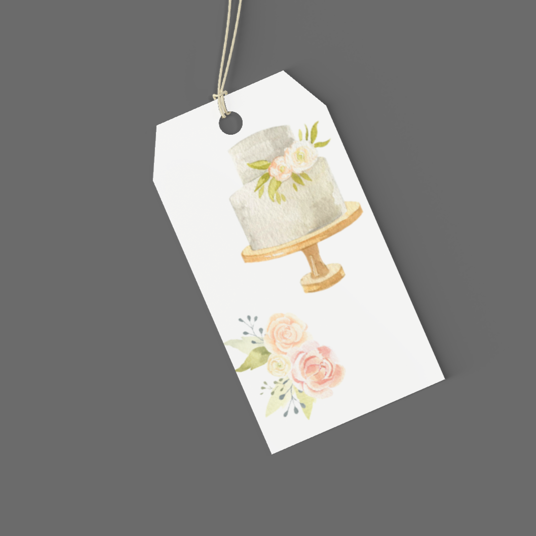 Gift tag with a cake illustration on a gray background