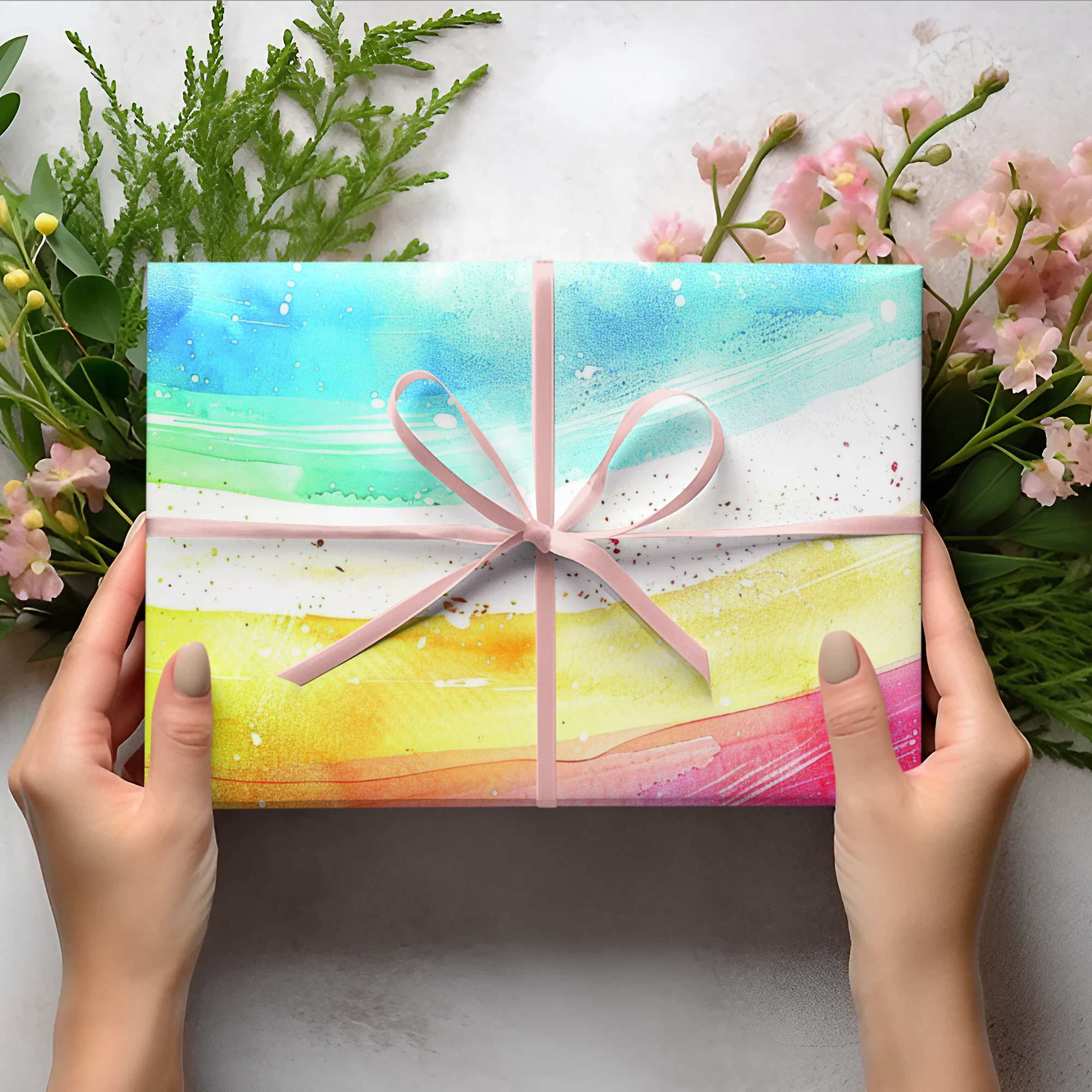 Colorful gift box with a pink ribbon held by hands, surrounded by greenery and flowers on a light background