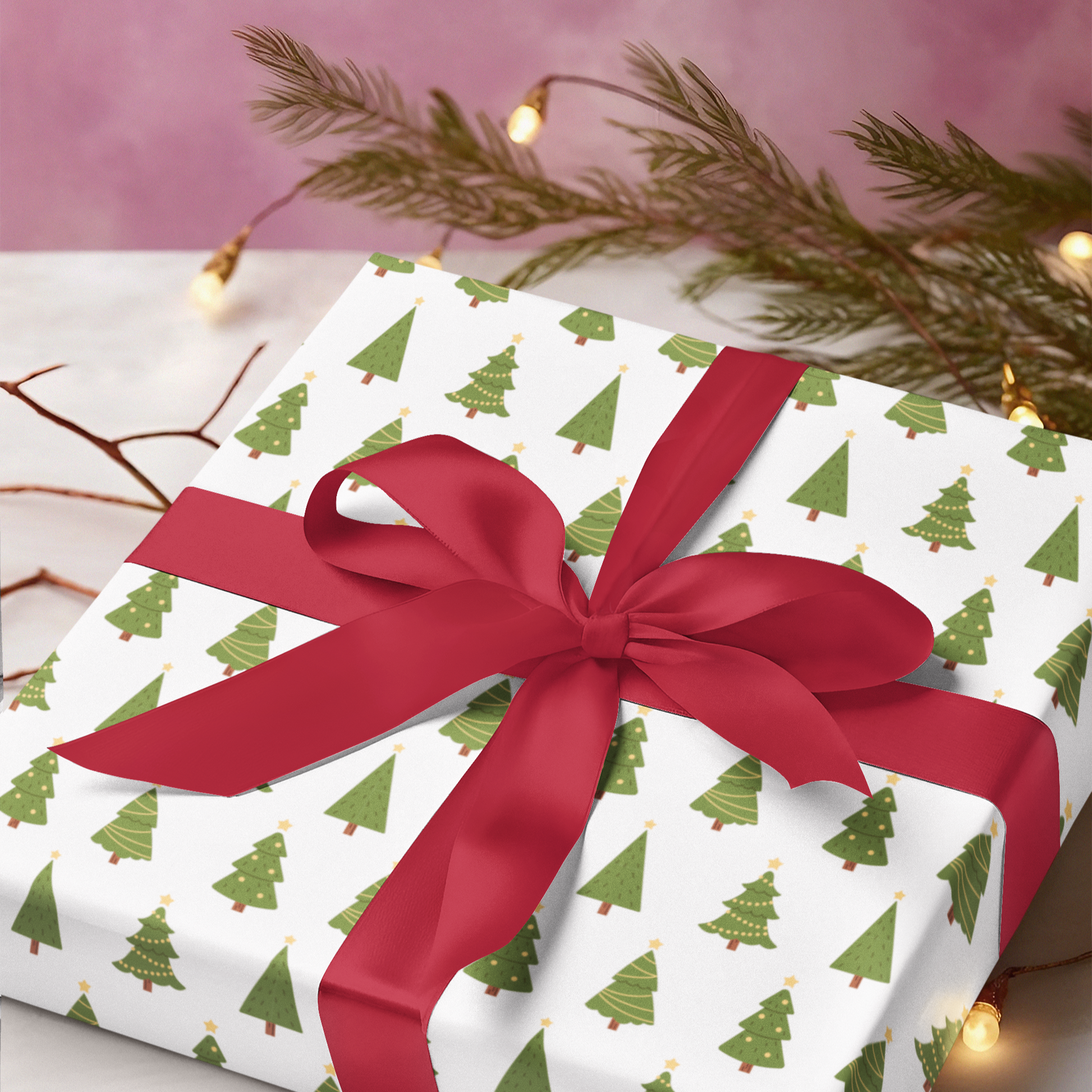 Gift wrapped in Christmas tree pattern paper with a red ribbon on a pink background.