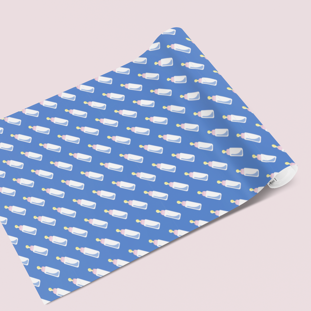baby bottles gift wrap  on a bright blue background 