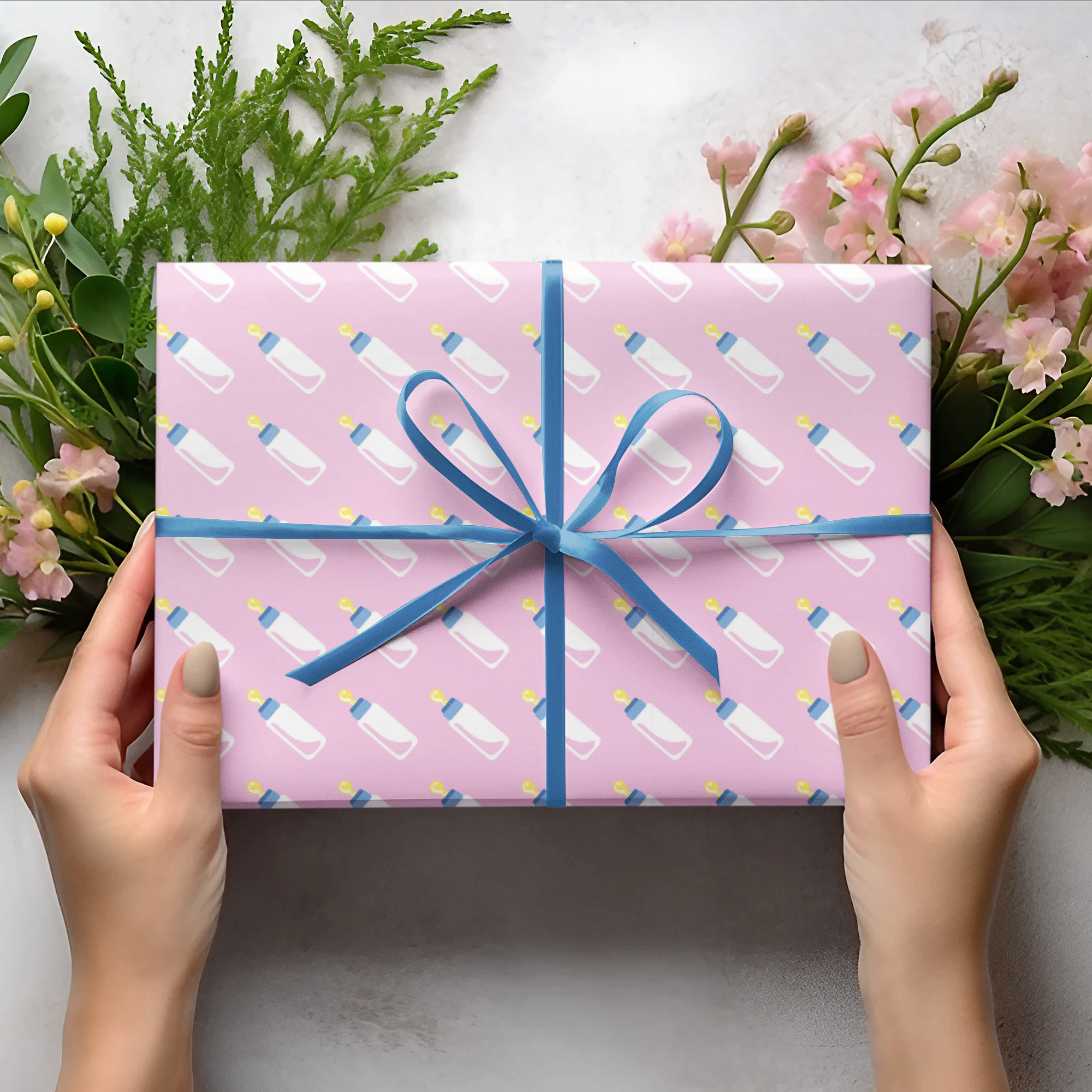 Baby Bottle Luxury Gift Wrap Set – Pink or Blue with Matching Tags
