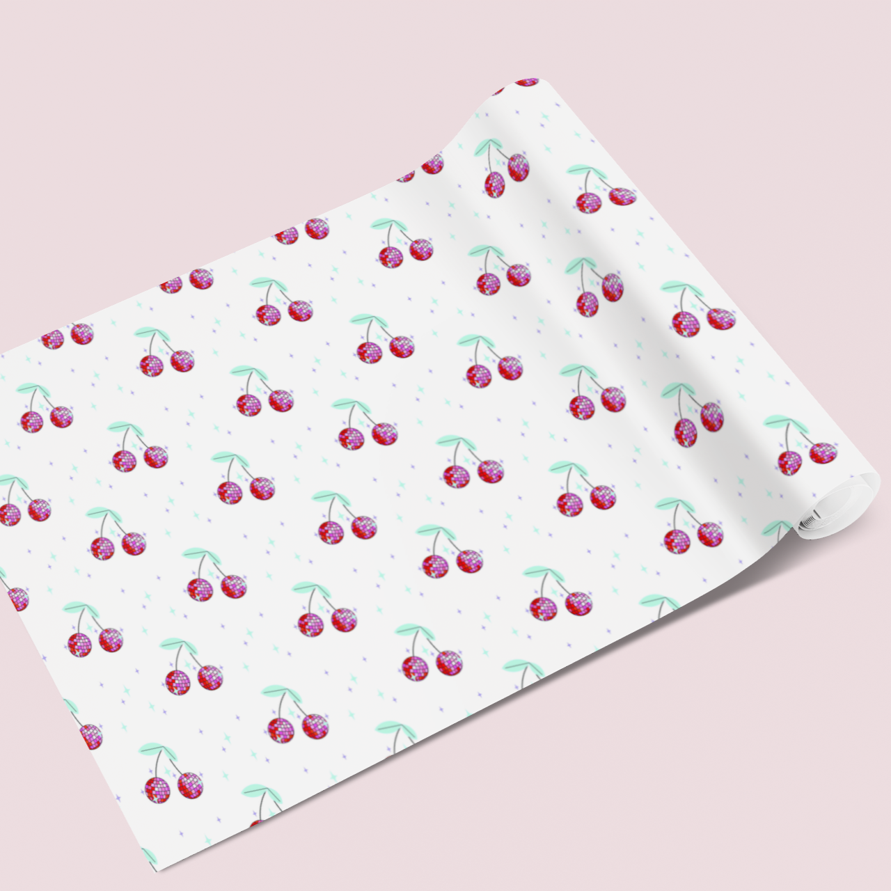 White gift wrap with red cherry disco ball pattern on a white background