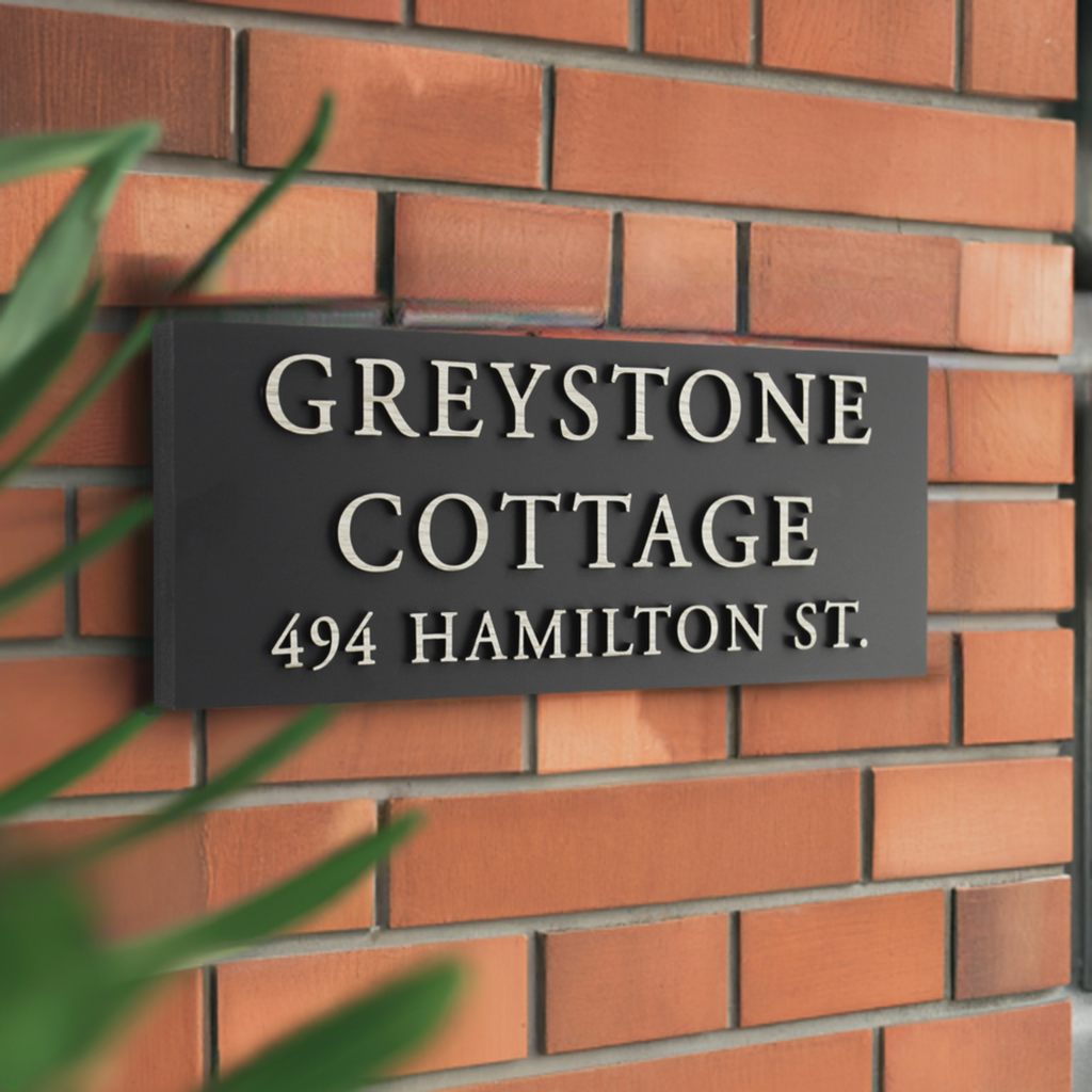 High-quality classic house sign with a three-dimensional raised finish and three text lines for a professional look.